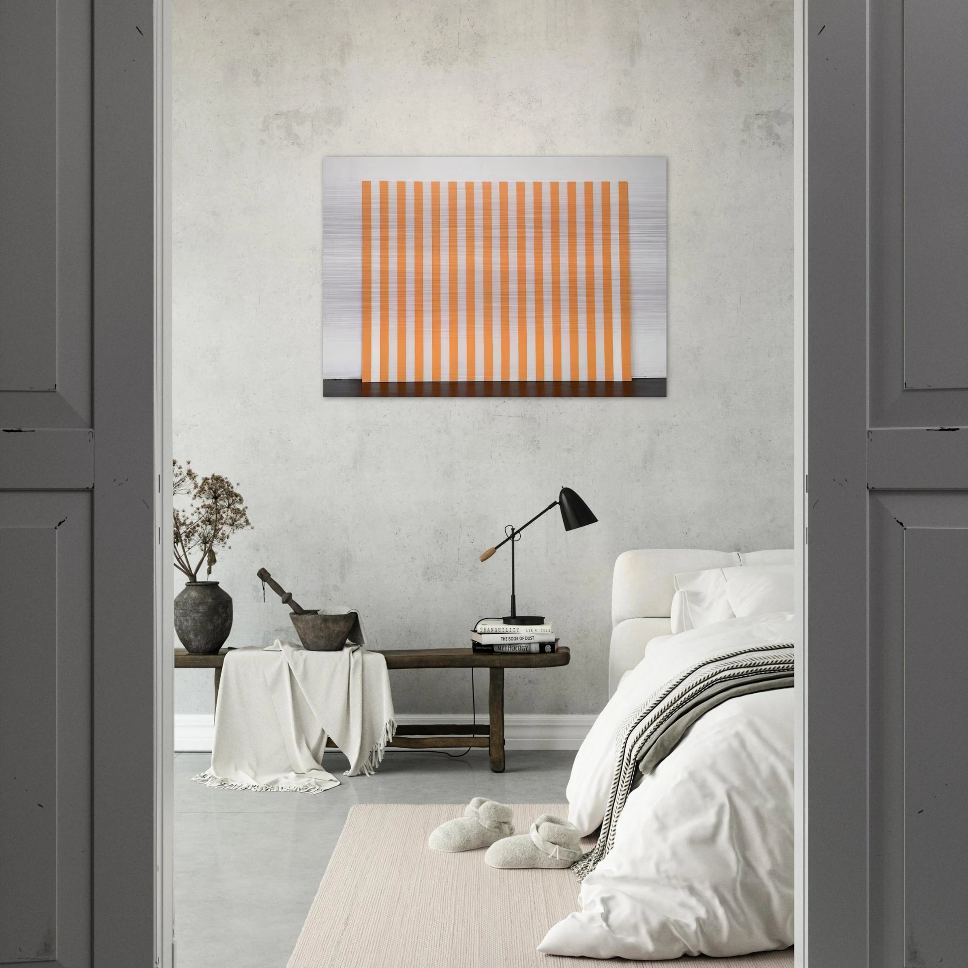 Peinture acrylique blanche sur tissu rayé blanc et orange - 1972 - Daniel Buren Brushed Aluminum Print - 70x100 cm / 28x40 inches | Daniel Buren Aluminum Print | Daniel Buren Prints