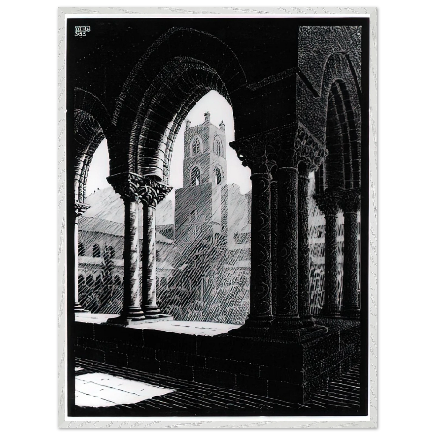 MC Escher - CLOISTER OF MONREALE SICILY Wall Art - 30x40 cm / 12x16 inches - Premium Wooden Framed Poster With Fine Art Paper-canvas - Black frame