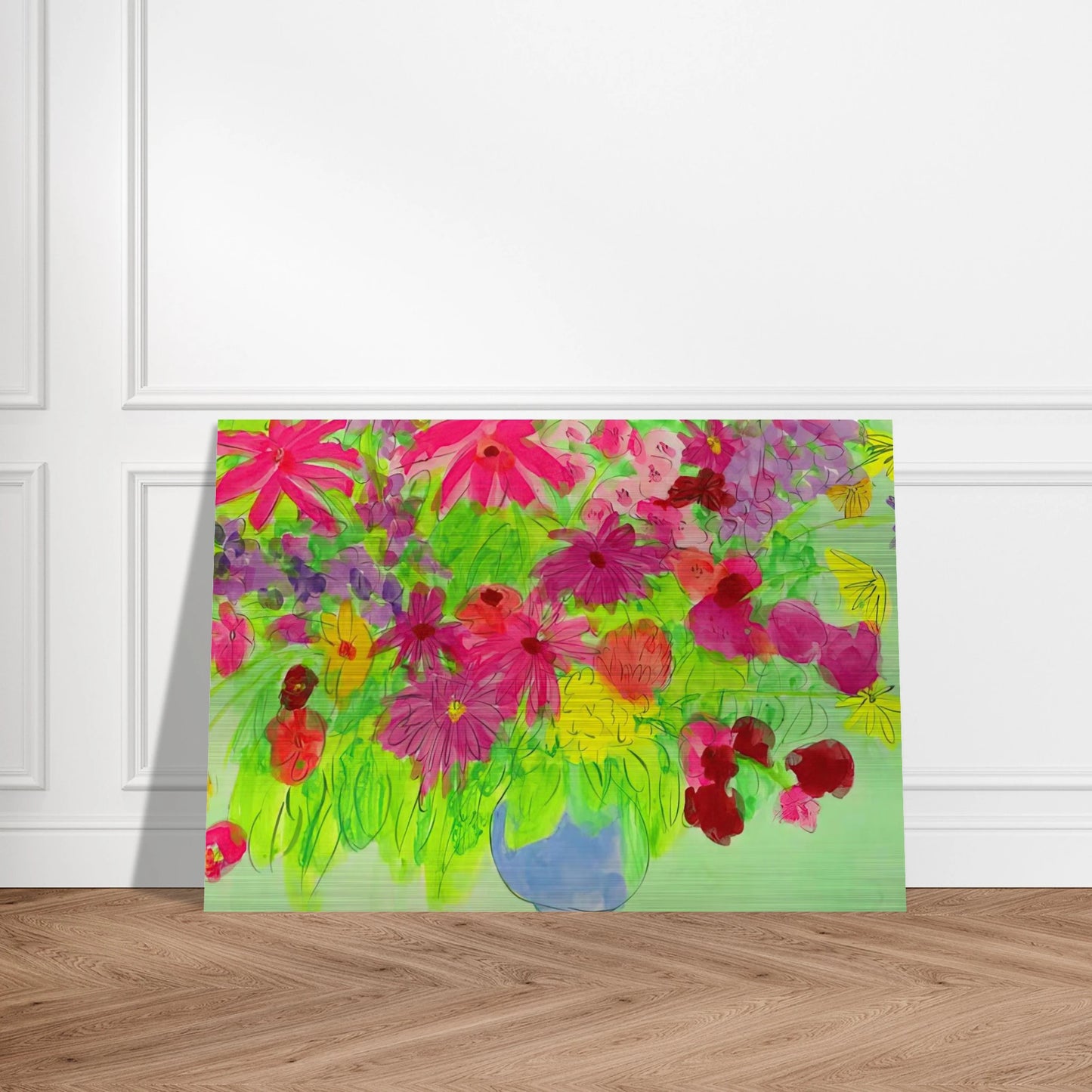 Blue Vase, Many Flowers - Naïve Art Primitivism, Pop Art - Walasse Ting Brushed Aluminum Print - 70x100 cm / 28x40 inches | Walasse Ting Aluminum Print | Walasse Ting Prints