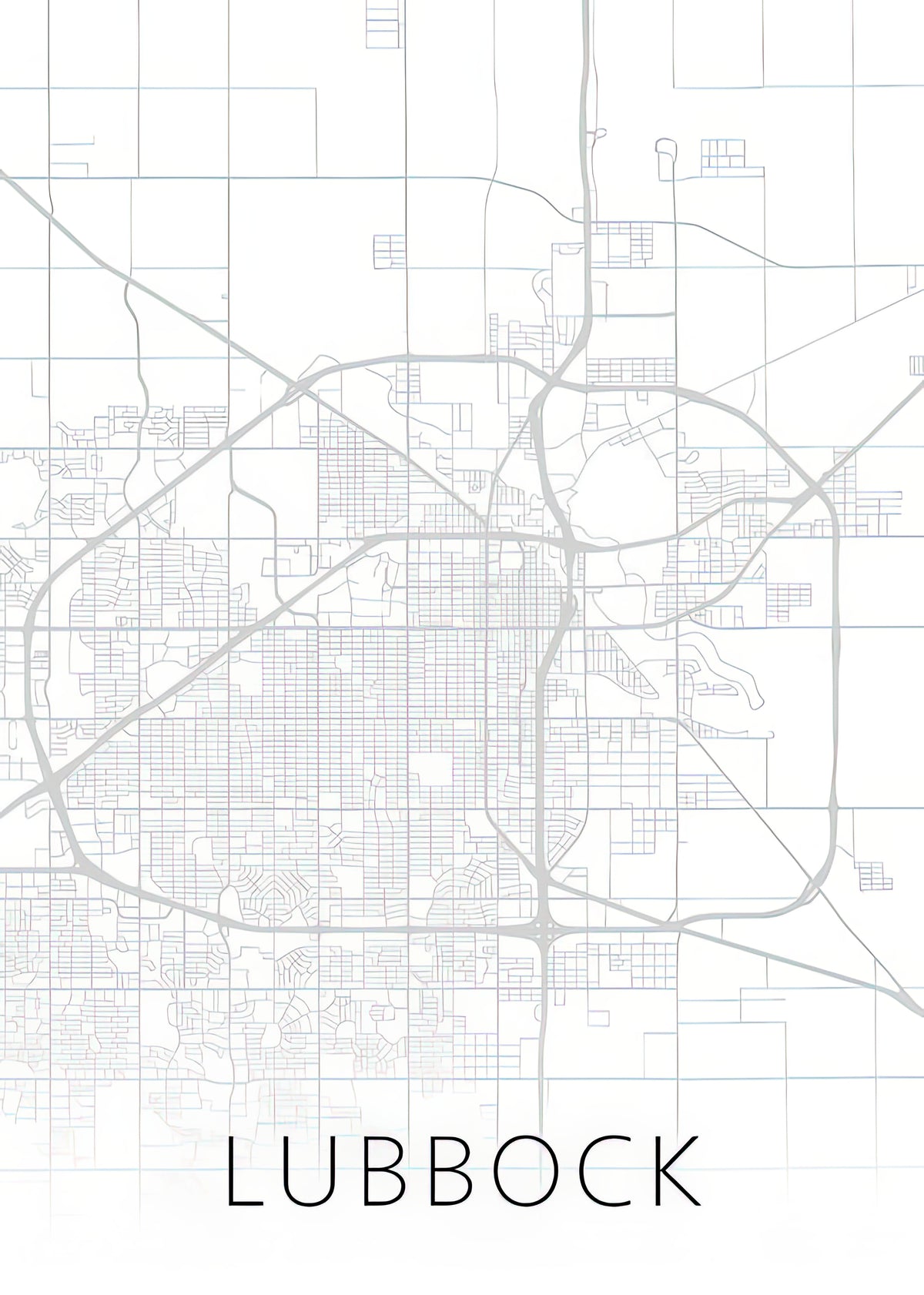 Lubbock Texas Map Art Print | Black & White Street Series | RedKalion