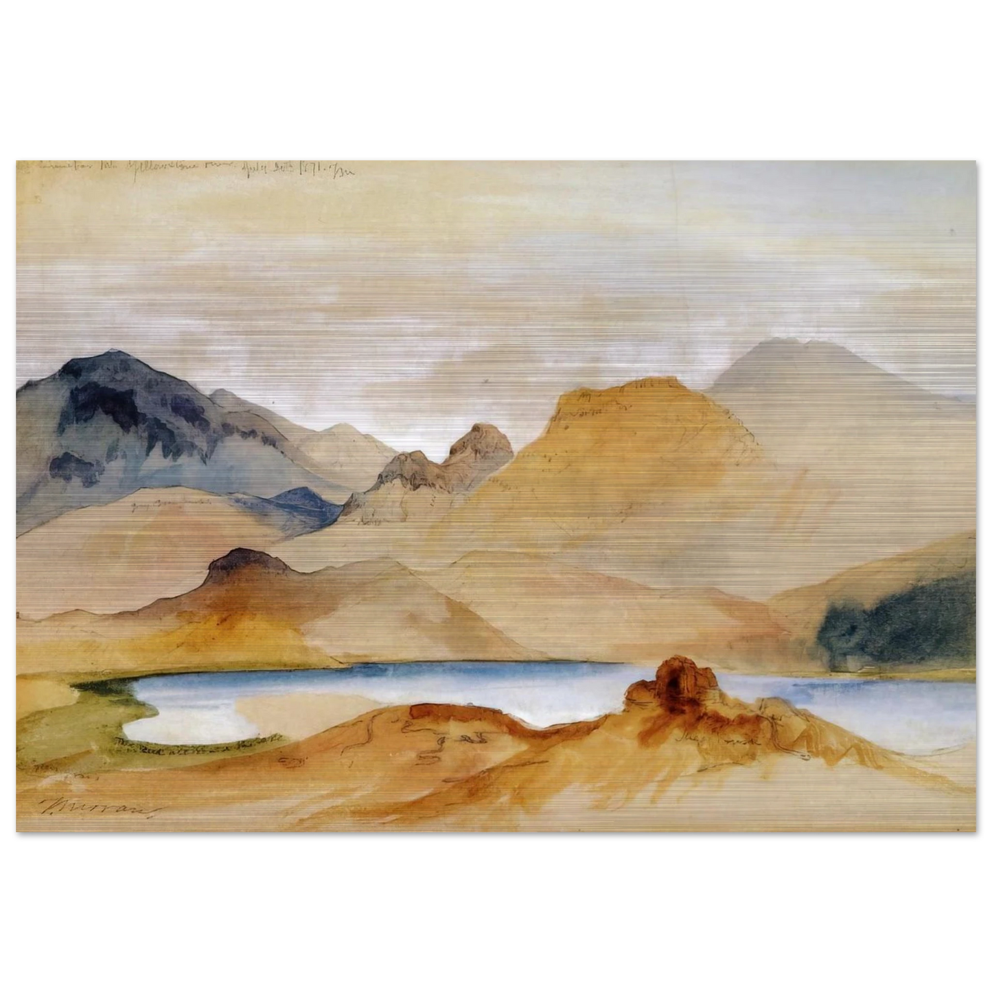 Cinnabar Mountain, Yellowstone River watercolour - Thomas Moran Brushed Aluminum Print - 70x100 cm / 28x40 inches | Thomas Moran Aluminum Print | Thomas Moran Prints