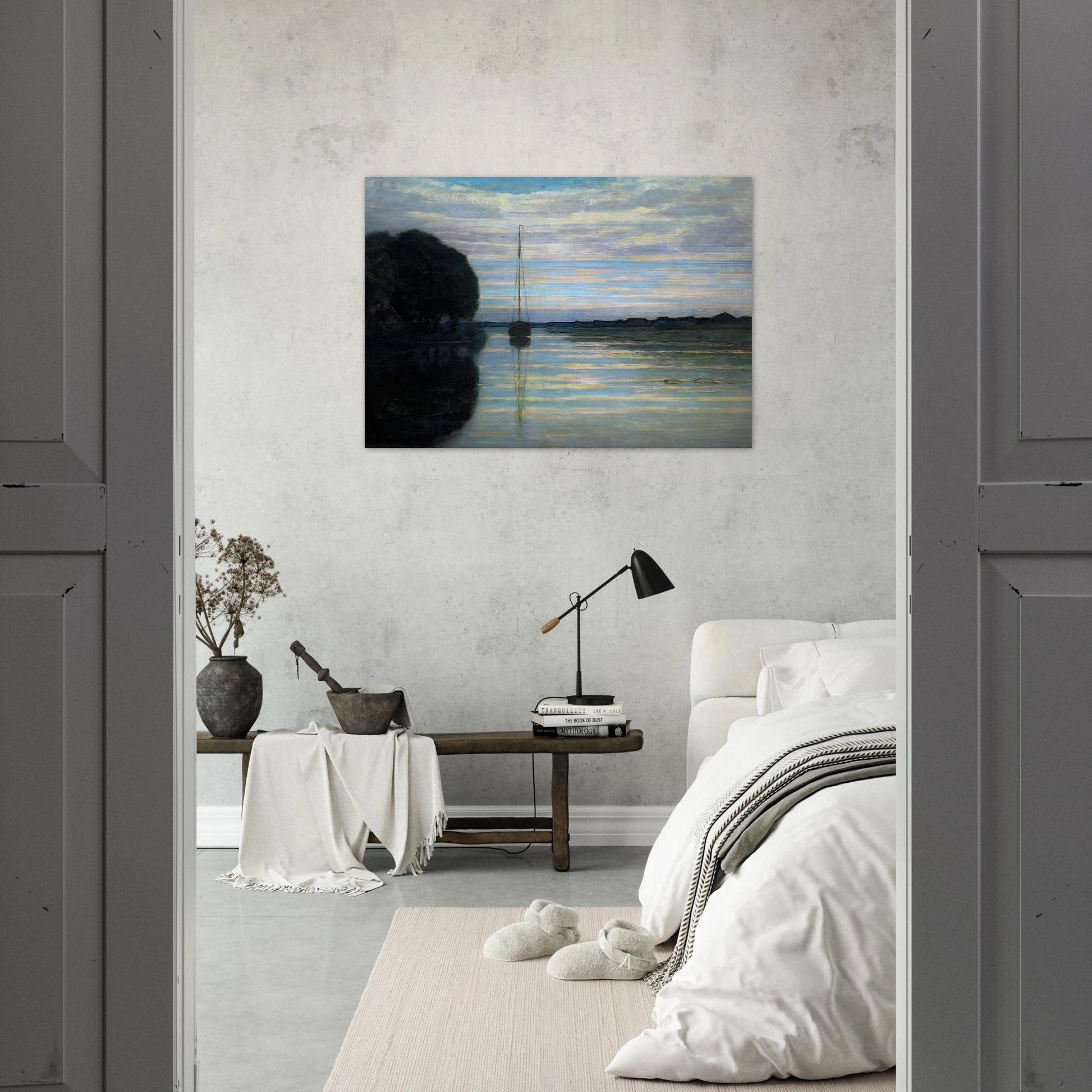 River view with a boat Sun - Piet Mondrian Brushed Aluminum Print - 70x100 cm / 28x40 inches | Piet Mondrian Aluminum Print | Piet Mondrian Prints
