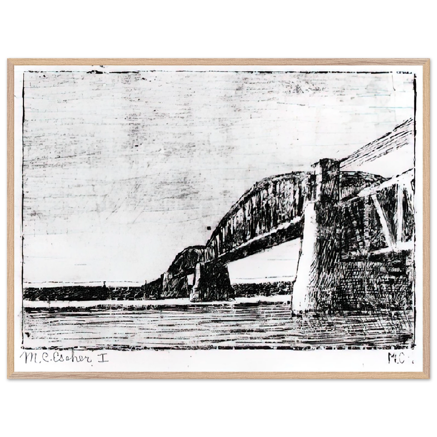 MC Escher - RAILWAY BRIDGE OOSTERBEEK Wall Art - 30x40 cm / 12x16 inches - Premium Wooden Framed Poster With Fine Art Paper-canvas - White frame