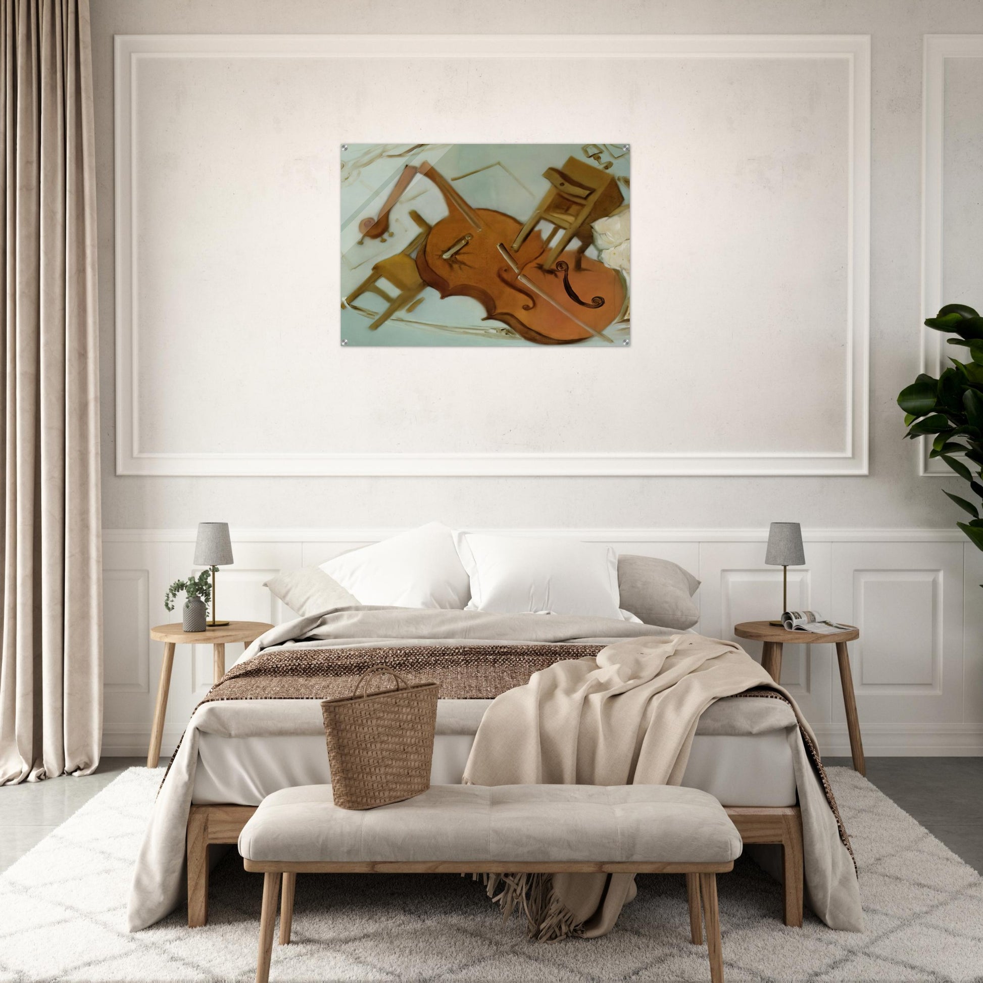 BED CHAIR AND BEDSIDE TABLE FEROCIOUSLY ATTACKING A CELLO - Salvador Dali Acrylic Print - 70x100 cm / 28x40″ inches | Salvador Dali Wall Art | Salvador Dali Prints