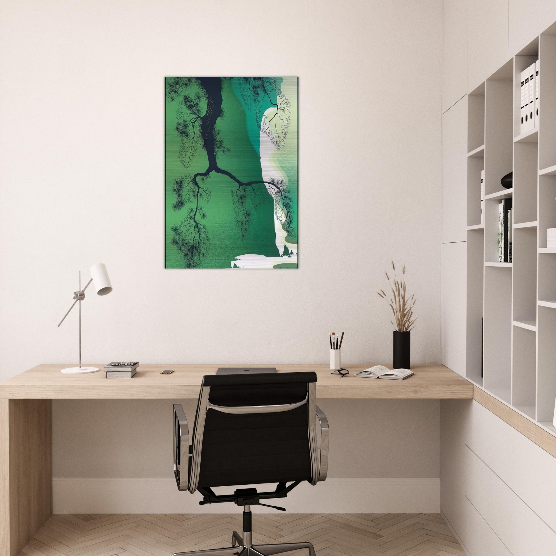 Sea Cliffs and Pine Branch - Eyvind Earle Brushed Aluminum Print - 70x100 cm / 28x40 inches | Eyvind Earle Aluminum Print | Eyvind Earle Prints