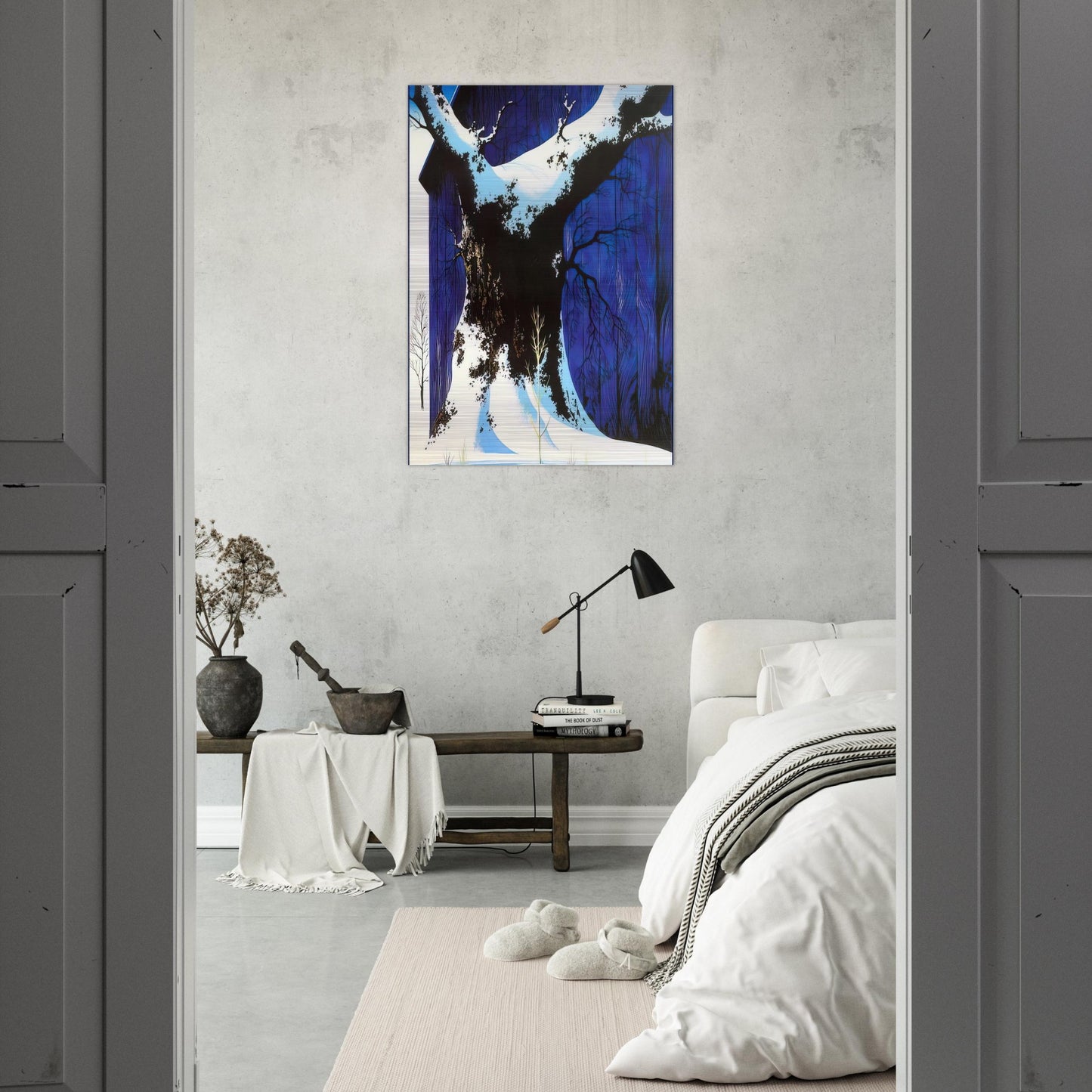 Blue Barn and Snow - Eyvind Earle Brushed Aluminum Print - 70x100 cm / 28x40 inches | Eyvind Earle Aluminum Print | Eyvind Earle Prints
