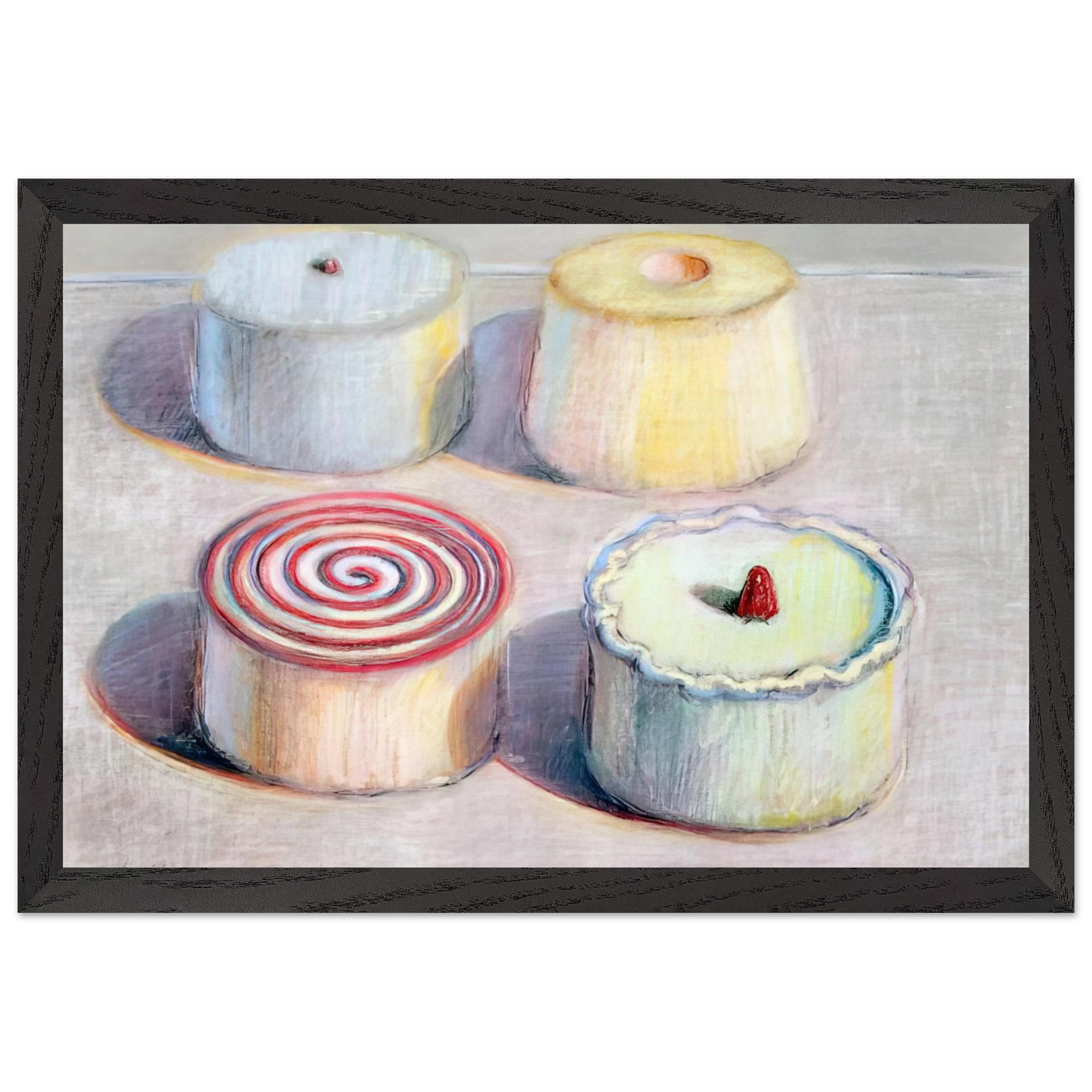 Wayne Thiebaud - Four Cakes - 1996 Wall Art - 30x40 cm / 12x16 inches - Premium Wooden Framed Poster With Fine Art Paper - White frame