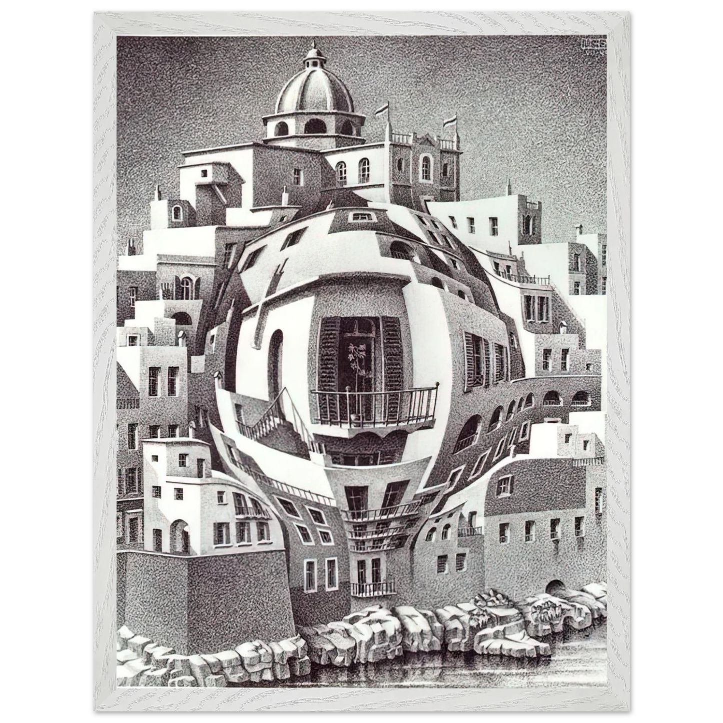 MC Escher - BALCONY Wall Art - 21x29.7 cm / 8x12" - Premium Wooden Framed Poster With Fine Art Paper-canvas - Wood frame