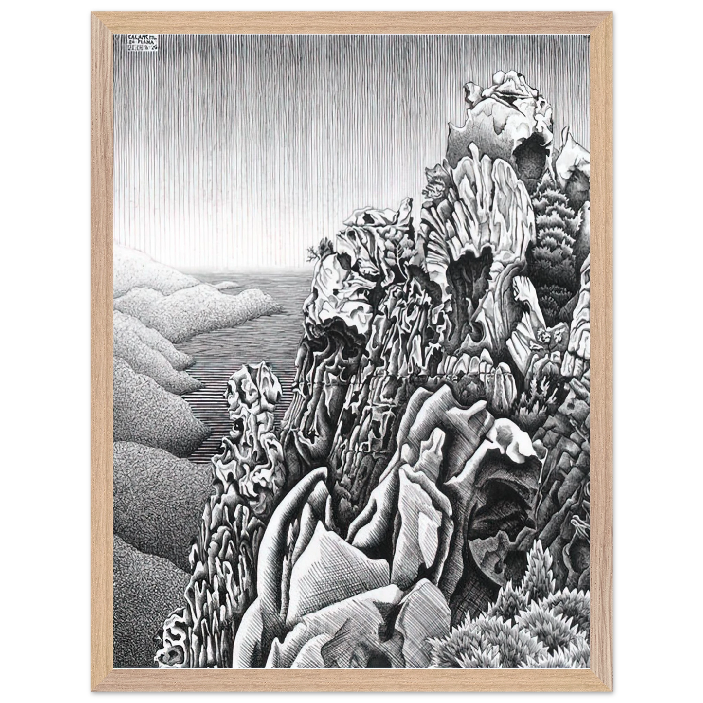 MC Escher - CALANQUES DE PIANA Wall Art - 30x40 cm / 12x16 inches - Premium Wooden Framed Poster With Fine Art Paper-canvas - Wood frame