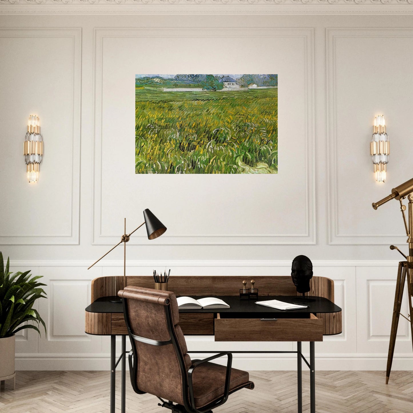 Wheat Field at Auvers with White House - Vincent van Gogh Brushed Aluminum Print - 70x100 cm / 28x40 inches | Vincent van Gogh Aluminum Print | Vincent van Gogh Prints