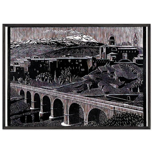 RANDAZZO AND MOUNT ETNA SICILY JANUARY 1933 1933 - MC Escher 70x100 cm / 28x40 inches Framed Art Print – Black Wooden Frame | Maurits Cornelis Escher Prints