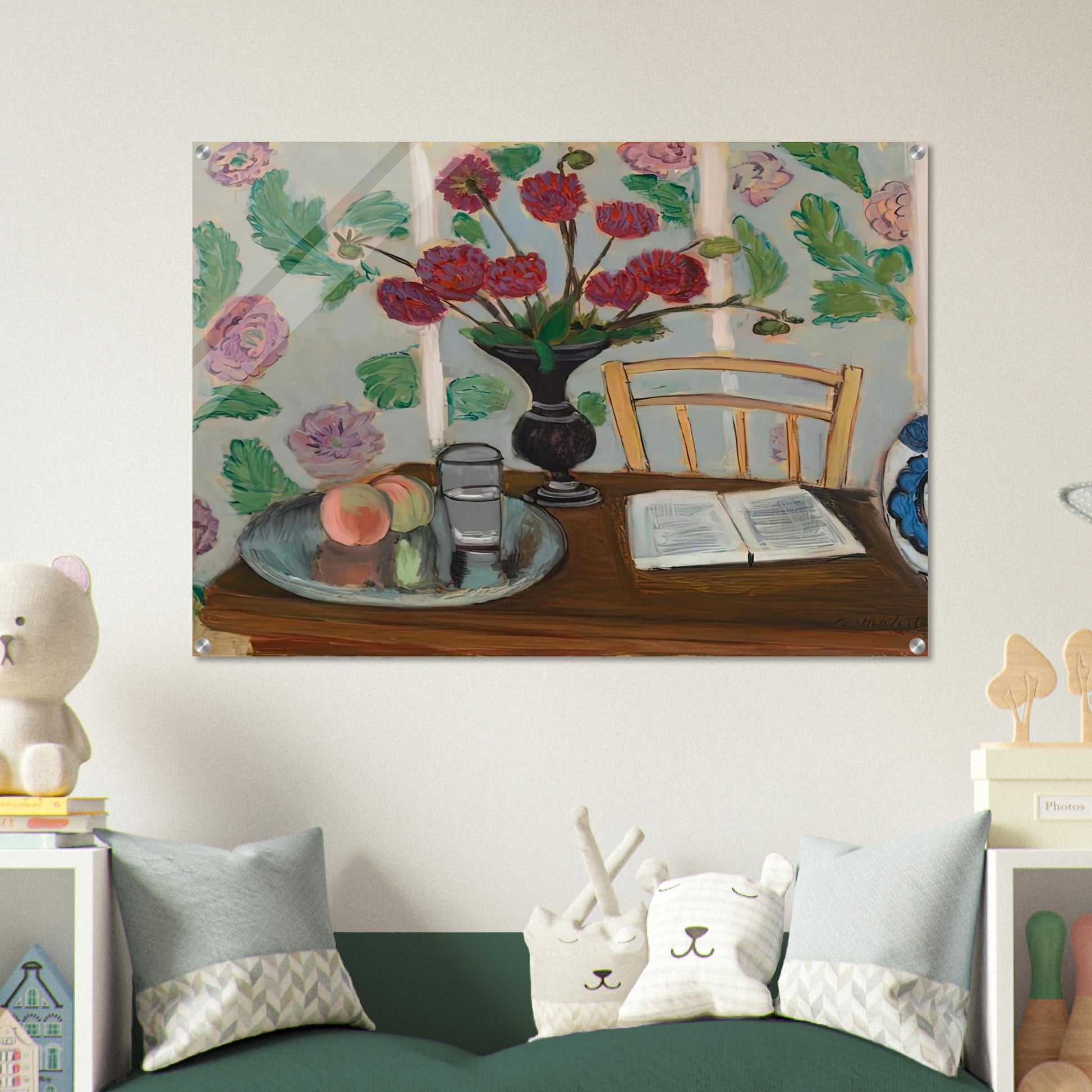 STILL LIFE BOUQUET OF DAHLIAS AND WHITE BOOK 1923 - Henri Matisse Acrylic Print - 70x100 cm / 28x40″ inches | Henri Matisse Wall Art | Henri Matisse Prints