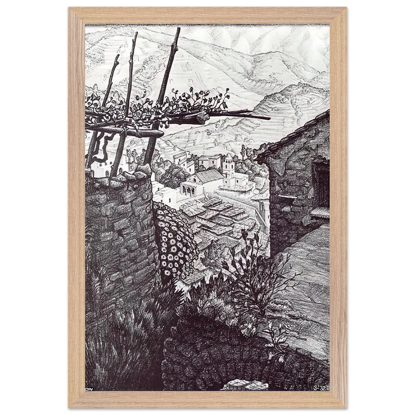 MC Escher - THE HAMLET OF TURELLO SOUTHERN ITALY Wall Art - 21x29.7 cm / 8x12" - Premium Wooden Framed Poster With Fine Art Paper-canvas - White frame