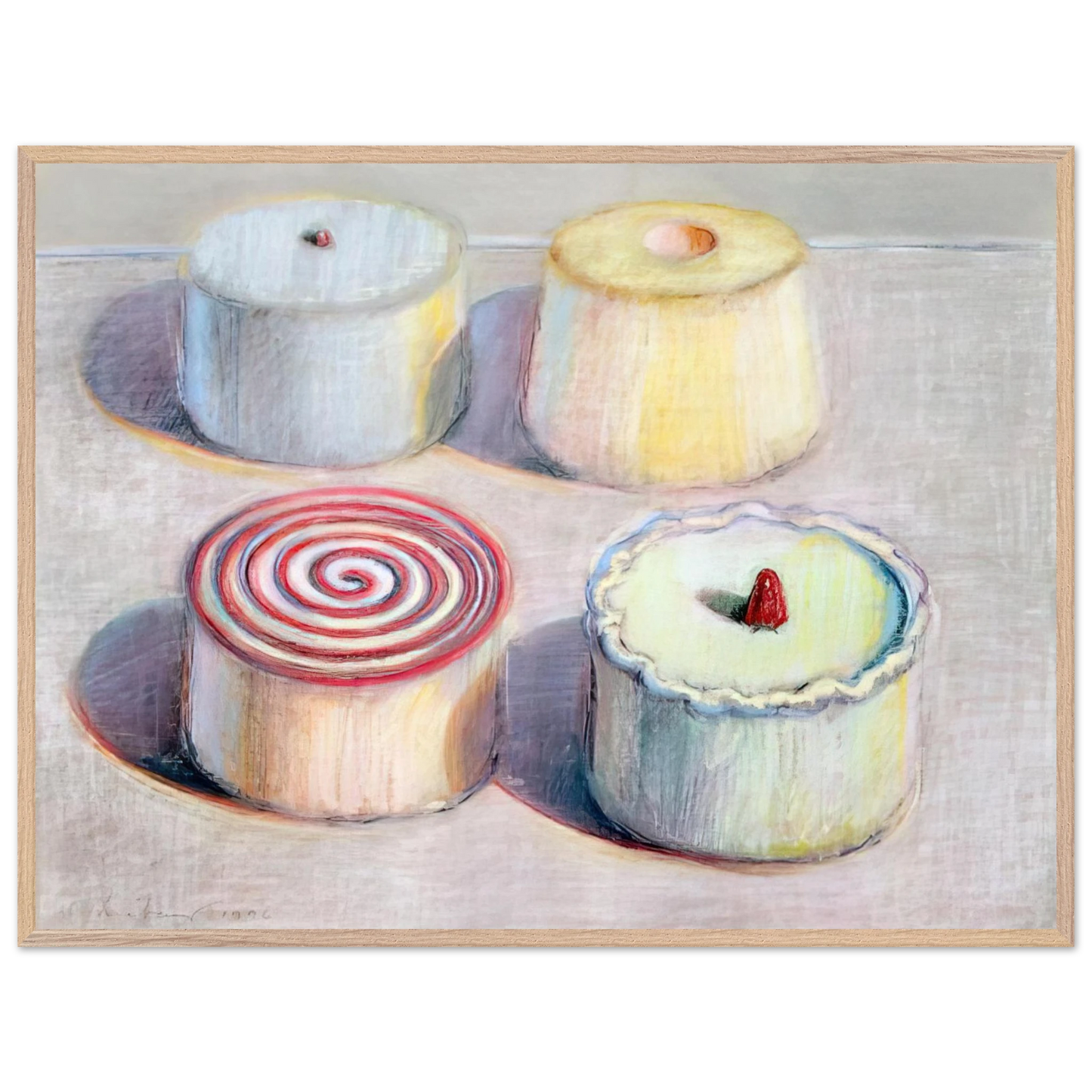 Wayne Thiebaud - Four Cakes - 1996 Wall Art - 21x29.7 cm / 8x12" - Premium Wooden Framed Poster With Fine Art Paper - White frame