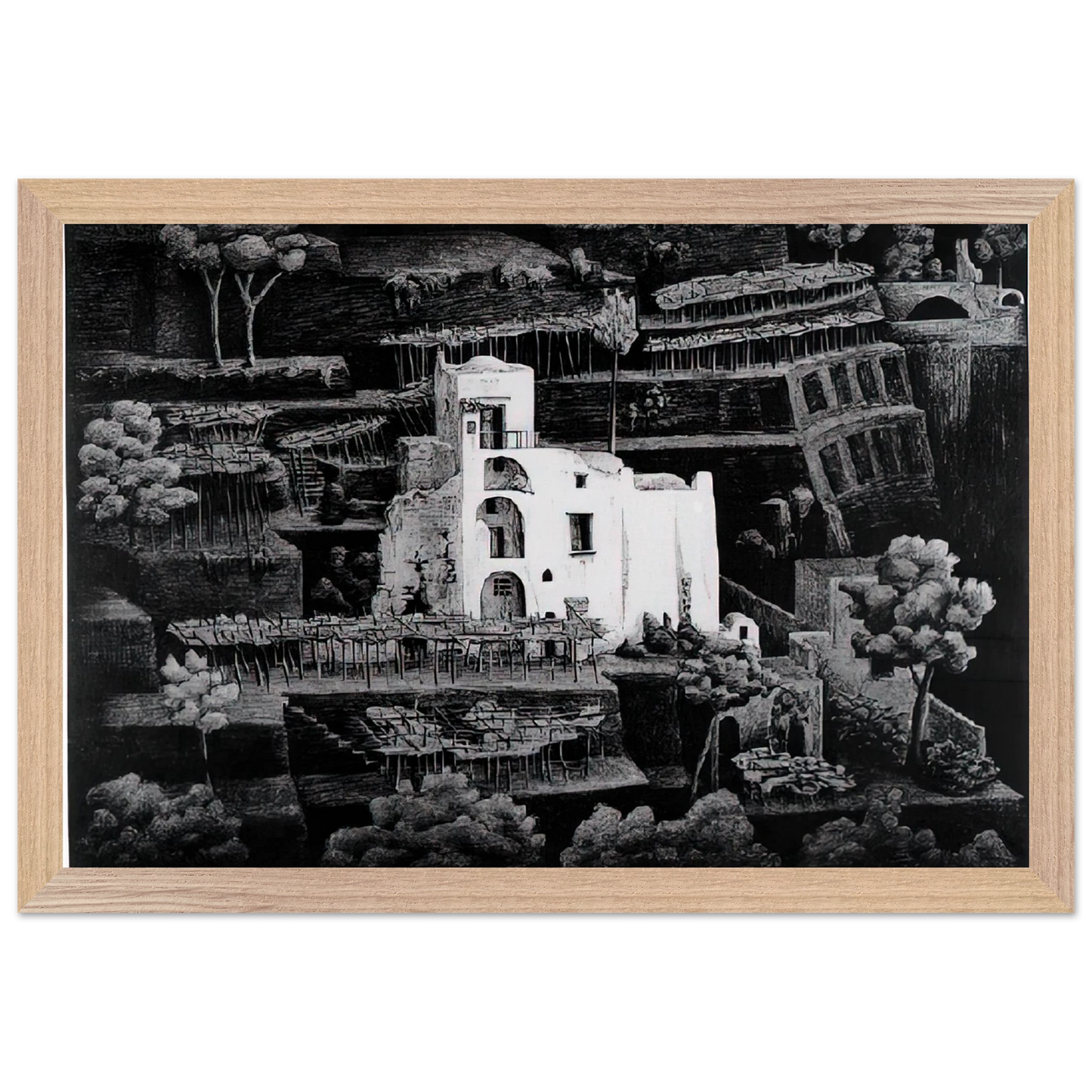 MC Escher - FARMHOUSE RAVELLO Wall Art - 21x29.7 cm / 8x12" - Premium Wooden Framed Poster With Fine Art Paper - Wood frame