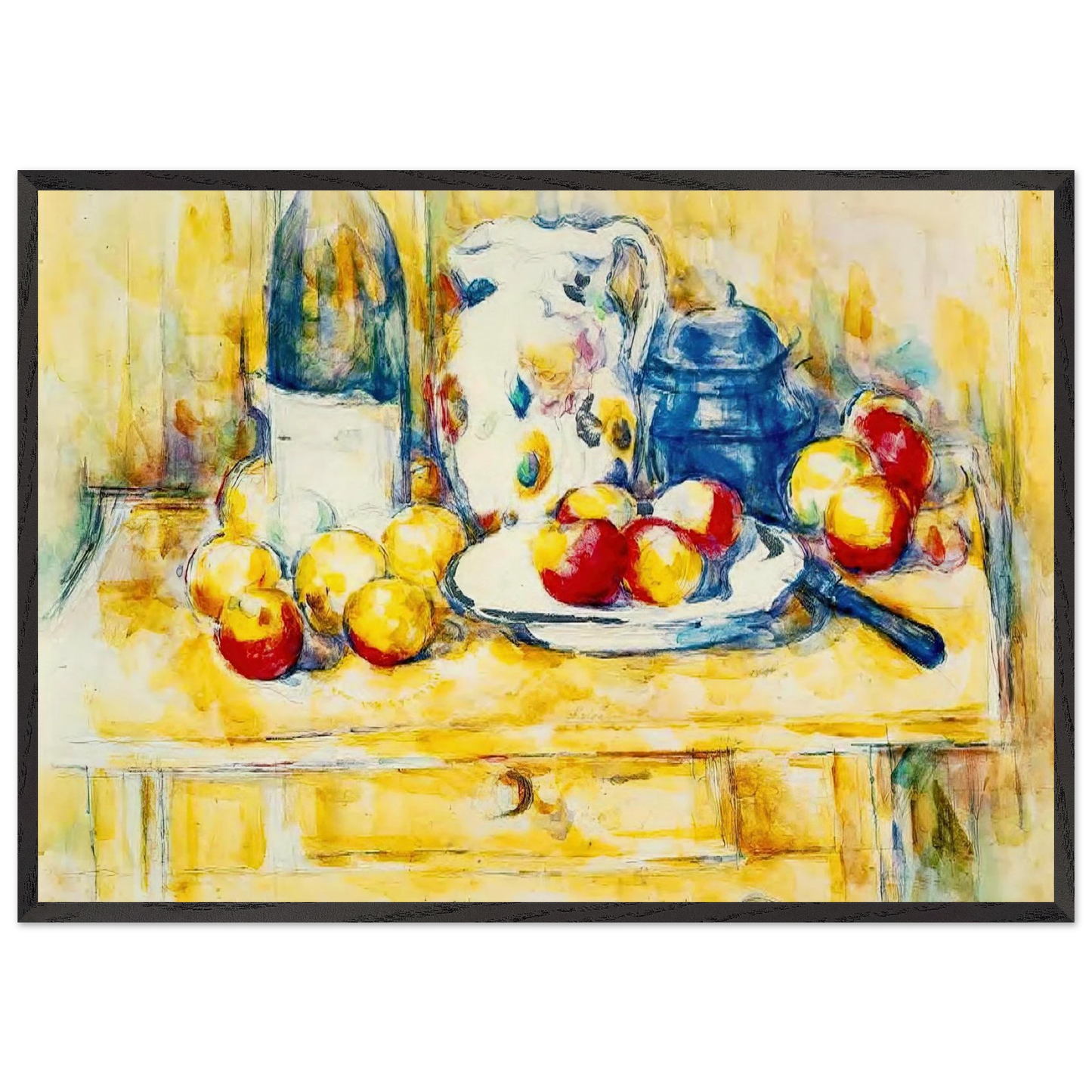 Still Life with Apples a Bottle and a Milk Pot - Paul Cezanne 70x100 cm / 28x40 inches Framed Art Print – Black Wooden Frame