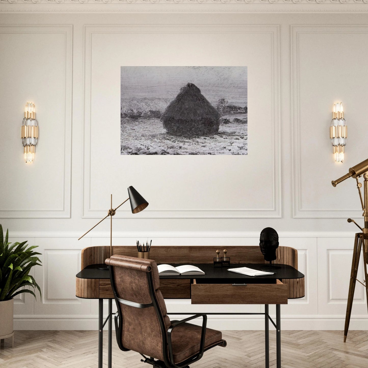 Grainstack in the Sunlight, Snow Effect - claude monet Brushed Aluminum Print - 70x100 cm / 28x40 inches | claude monet Aluminum Print | claude monet Prints