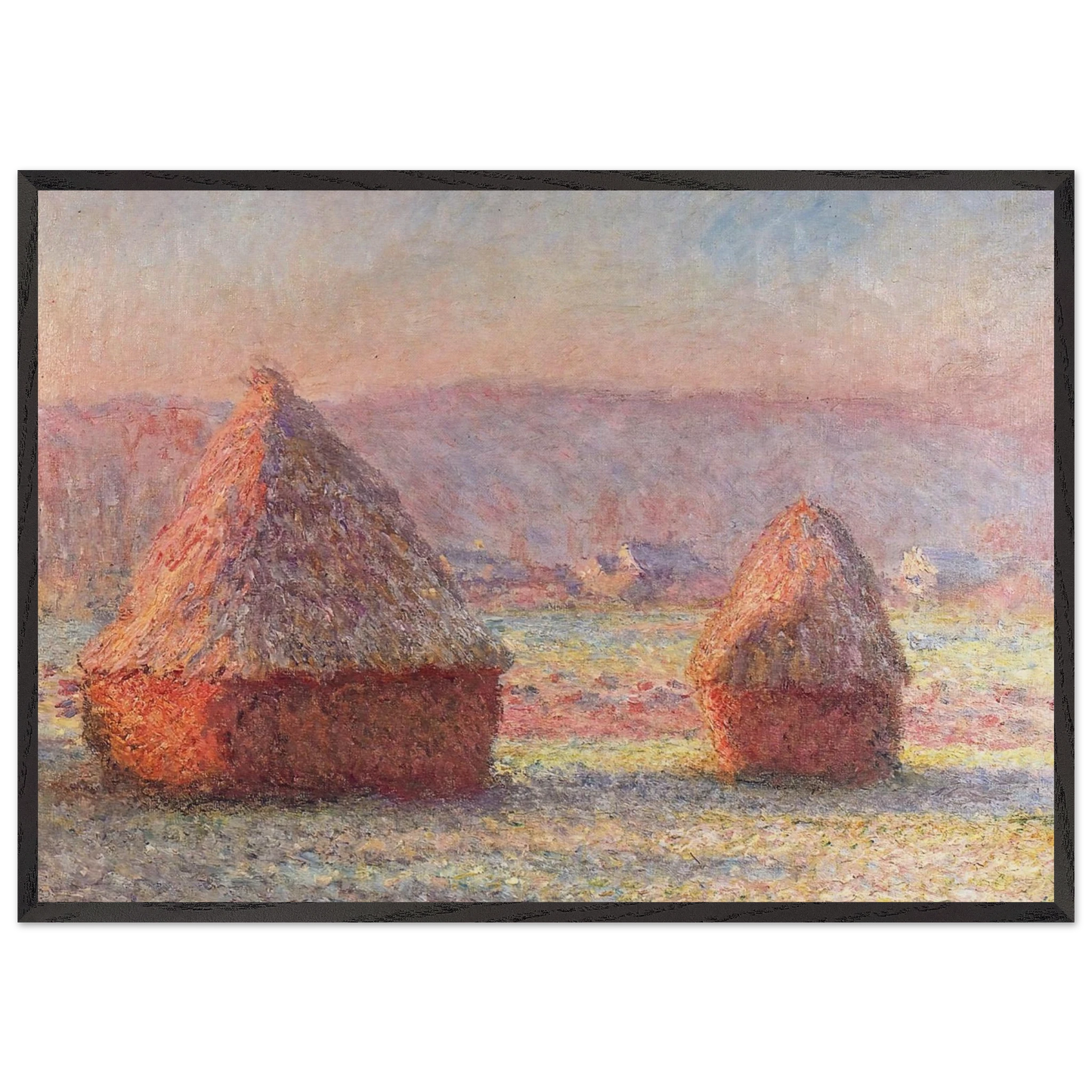Grainstacks White Frost Effect - claude monet 70x100 cm / 28x40 inches Framed Art Print – Black Wooden Frame