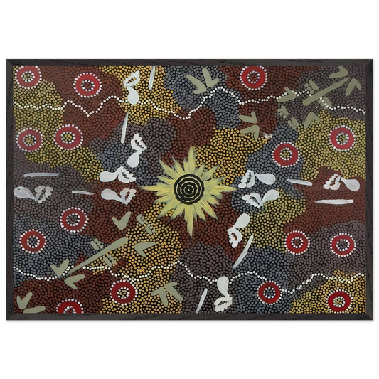 Frog and Kangaroo Dreaming - Native Art - Clifford Possum Tjapaltjarri 70x100 cm / 28x40 inches Framed Art Print – Black Wooden Frame