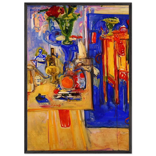Table with Teakettle Green Vase and Red Flowers - Hans Hofmann 70x100 cm / 28x40 inches Framed Art Print – Black Wooden Frame