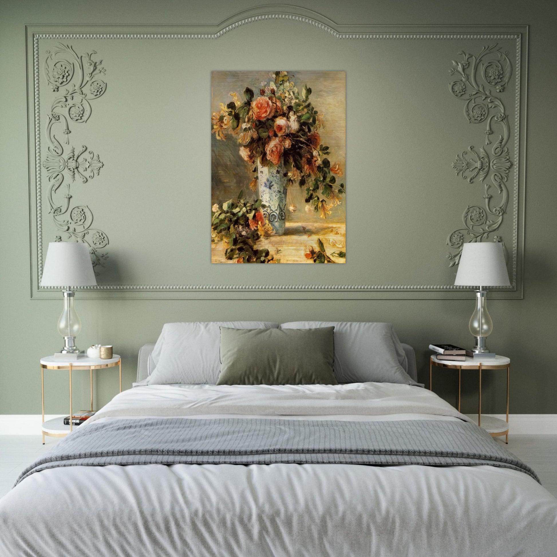 Roses and Jasmine in a Delft Vase - Pierre-Auguste Renoir Brushed Aluminum Print - 70x100 cm / 28x40 inches | Pierre-Auguste Renoir Aluminum Print | Pierre-Auguste Renoir Prints