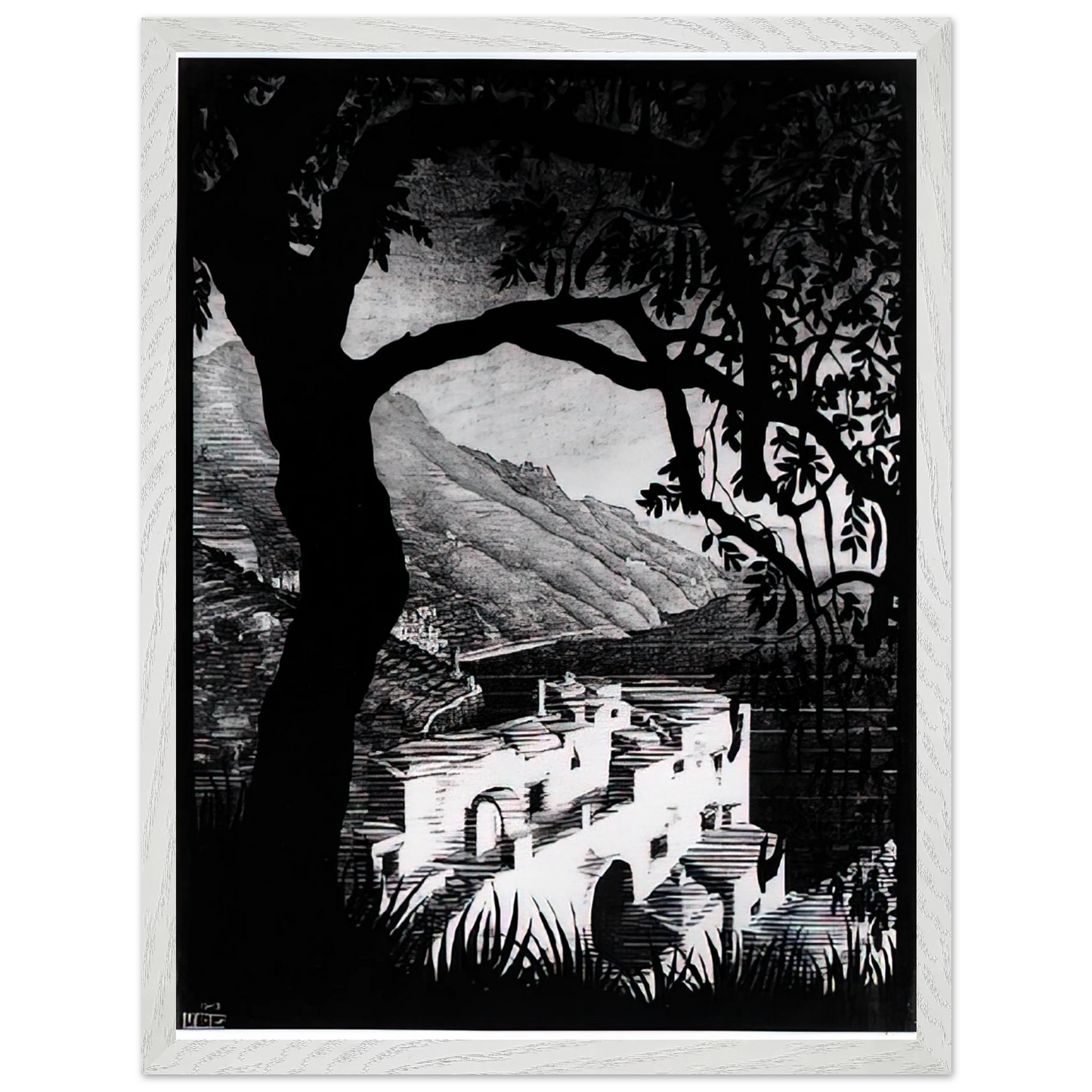 MC Escher - COAST OF AMALFI Wall Art - 30x40 cm / 12x16 inches - Premium Wooden Framed Poster With Fine Art Paper - White frame