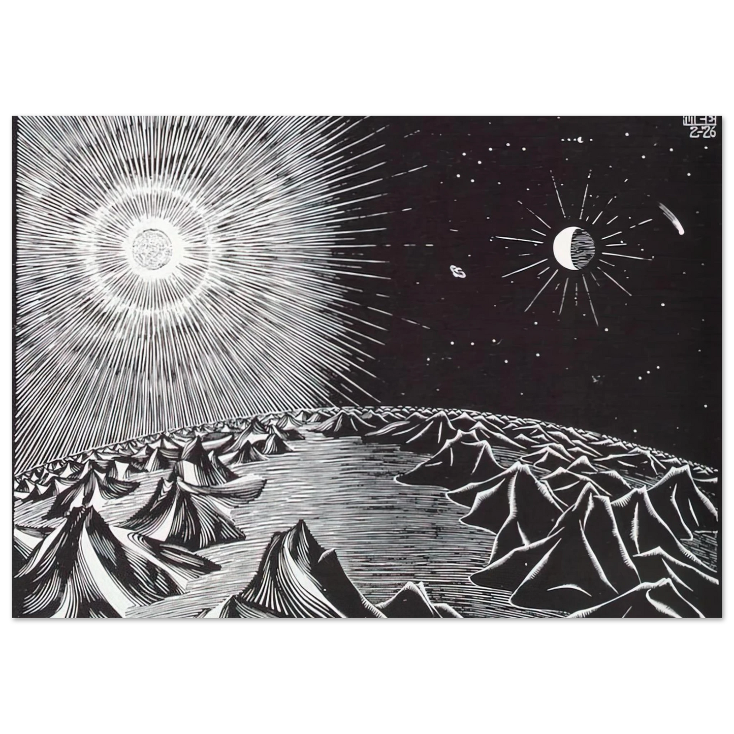 MC Escher - THE 4TH DAY OF THE CREATION Wall Art - 60x80 cm / 24x32 inches - Premium Wooden Framed Poster With Fine Art Paper-canvas - Black frame