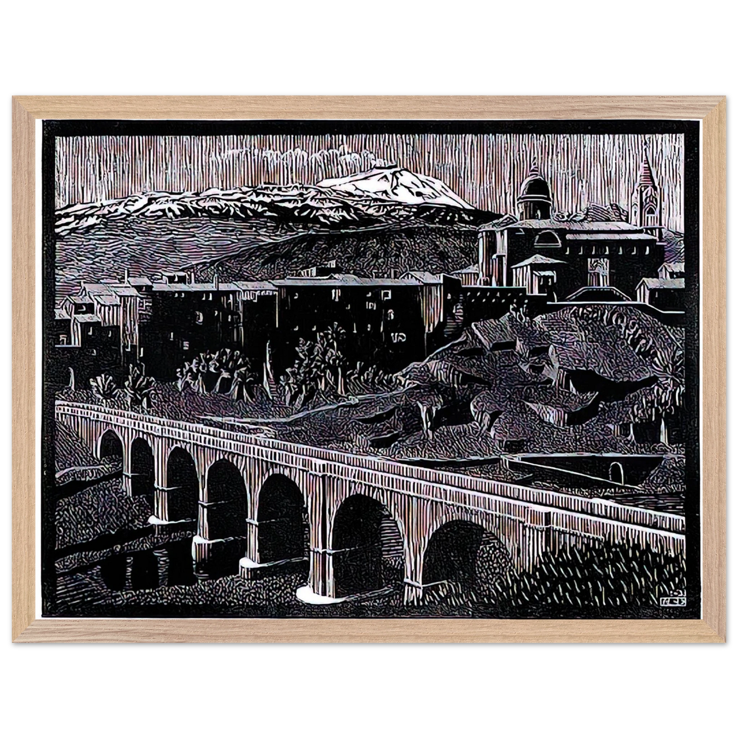 MC Escher - RANDAZZO AND MOUNT ETNA SICILY JANUARY 1933 1933 Wall Art - 21x29.7 cm / 8x12" - Premium Wooden Framed Poster With Fine Art Paper-canvas - Wood frame