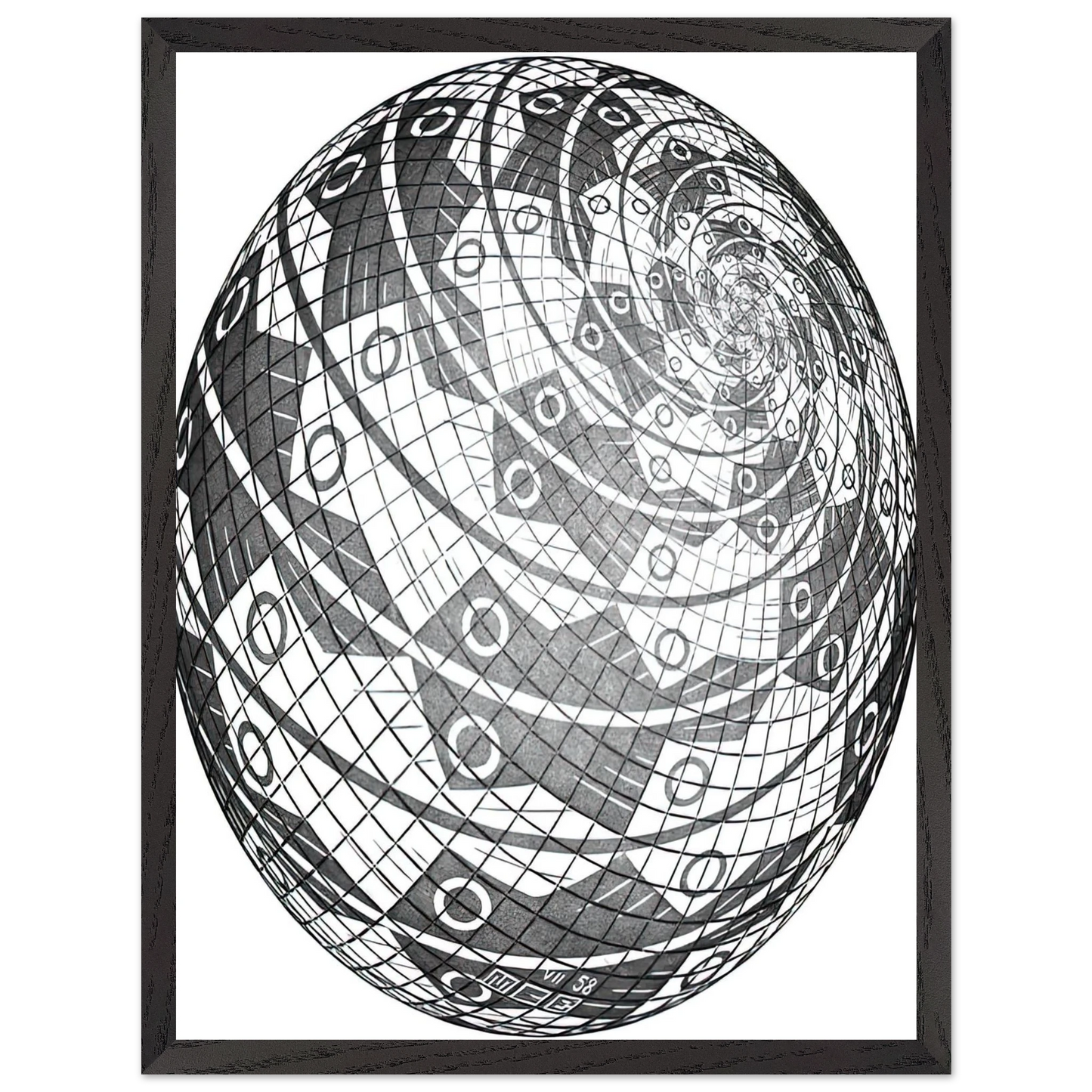 MC Escher - SPHERE SURFACE WITH FISHES Wall Art - 30x40 cm / 12x16 inches - Premium Wooden Framed Poster With Fine Art Paper-canvas - Wood frame