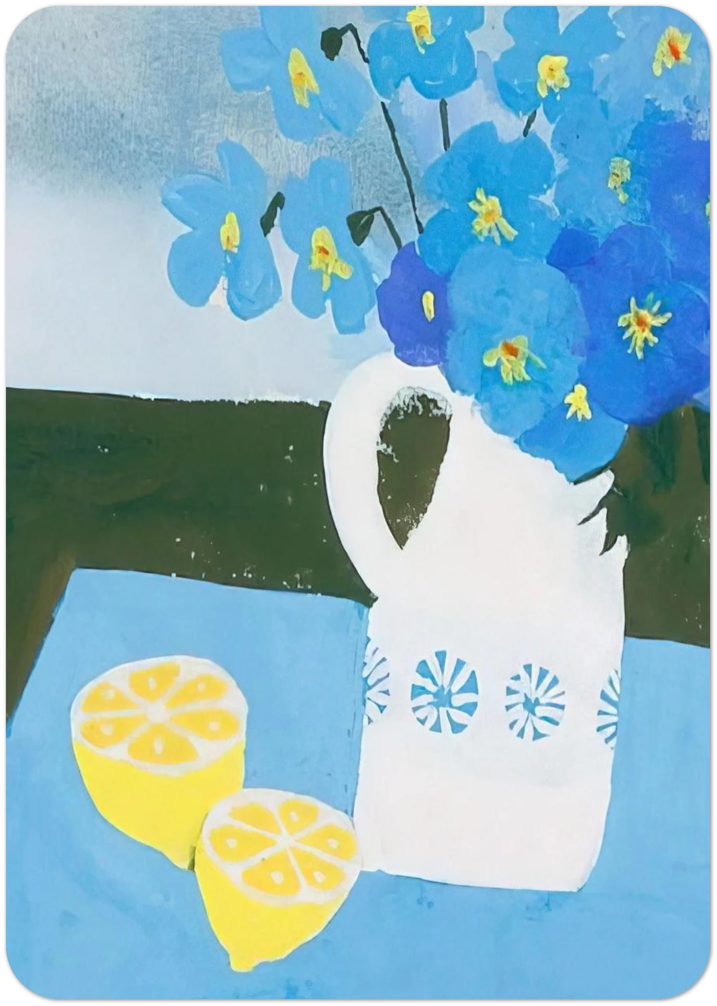 Flowers in a vase with lemon - 1987 By Mary Fedden Pack of 10 Post Cards | Mary Fedden Post Cards | A6 (10.5 x 14.8 cm) - 4.1 x 5.8 inches