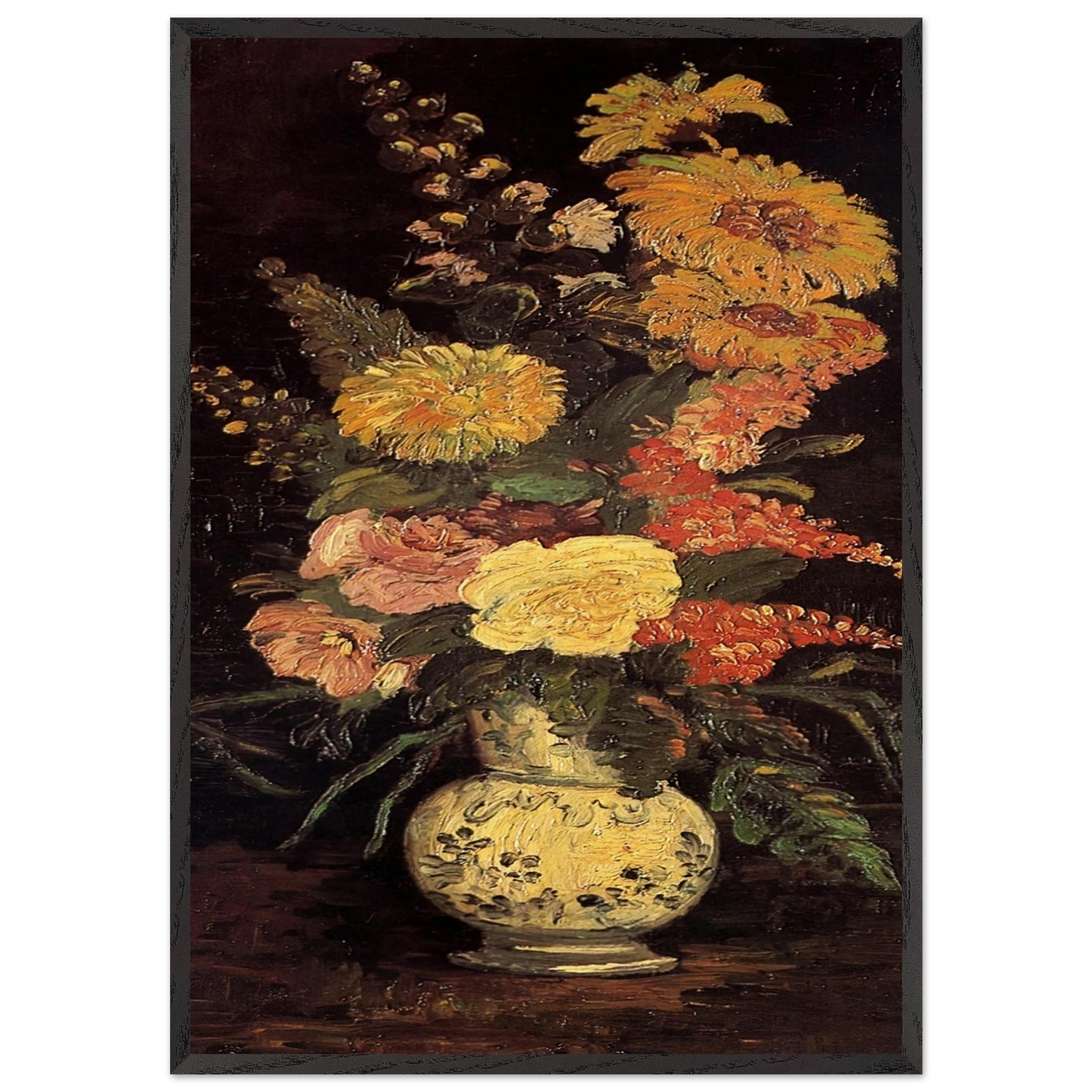 Vase with Asters Salvia and Other Flowers - Vincent van Gogh 70x100 cm / 28x40 inches Framed Art Print – Black Wooden Frame