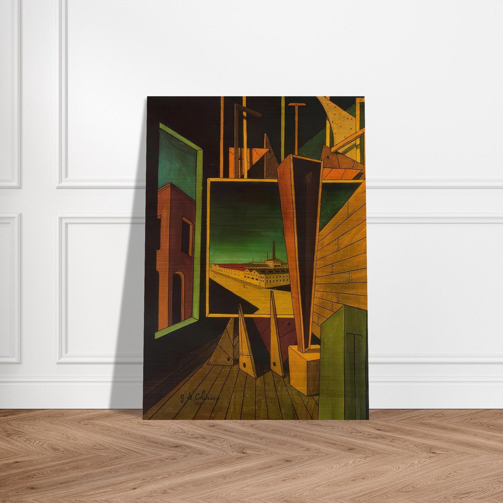 GEOMETRIC COMPOSITION WITH FACTORY LANDSCAPE 1917 - Giorgio de Chirico Brushed Aluminum Print - 70x100 cm / 28x40 inches | Giorgio de Chirico Aluminum Print | Giorgio de Chirico Prints