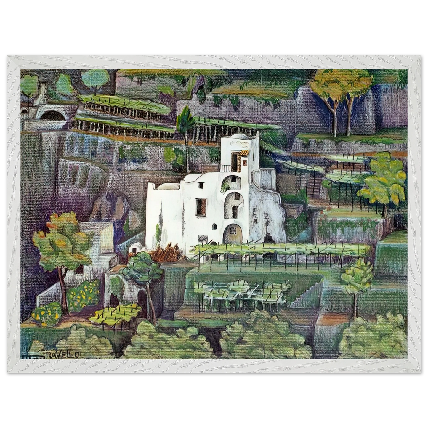 MC Escher - FARMHOUSE RAVELLO COLOUR Wall Art - 21x29.7 cm / 8x12" - Premium Wooden Framed Poster With Fine Art Paper-canvas - White frame