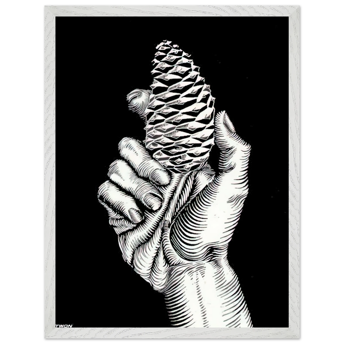 MC Escher - HAND WITH FIR CONE Wall Art - 21x29.7 cm / 8x12" - Premium Wooden Framed Poster With Fine Art Paper - Black frame