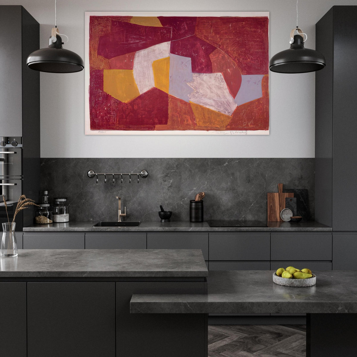 Composition carmin, brune, jaune et grise - 1956 - Serge Poliakoff Art Prints - 100x150 cm / 40x60″ inches | Serge Poliakoff Poster | Serge Poliakoff Prints