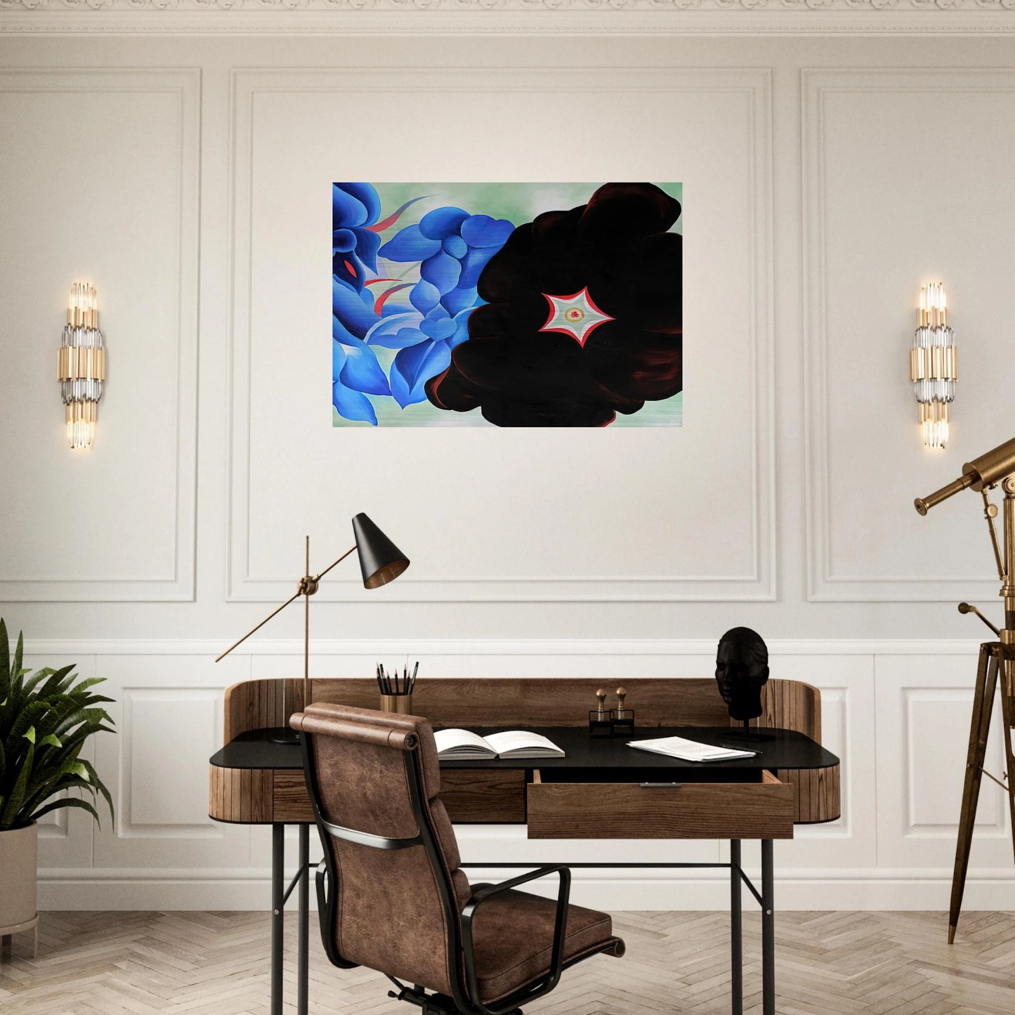 Black Hollyhock - Blue Larkspur - Georgia O'Keeffe Brushed Aluminum Print - 70x100 cm / 28x40 inches | Georgia O'Keeffe Aluminum Print | Georgia O'Keeffe Prints