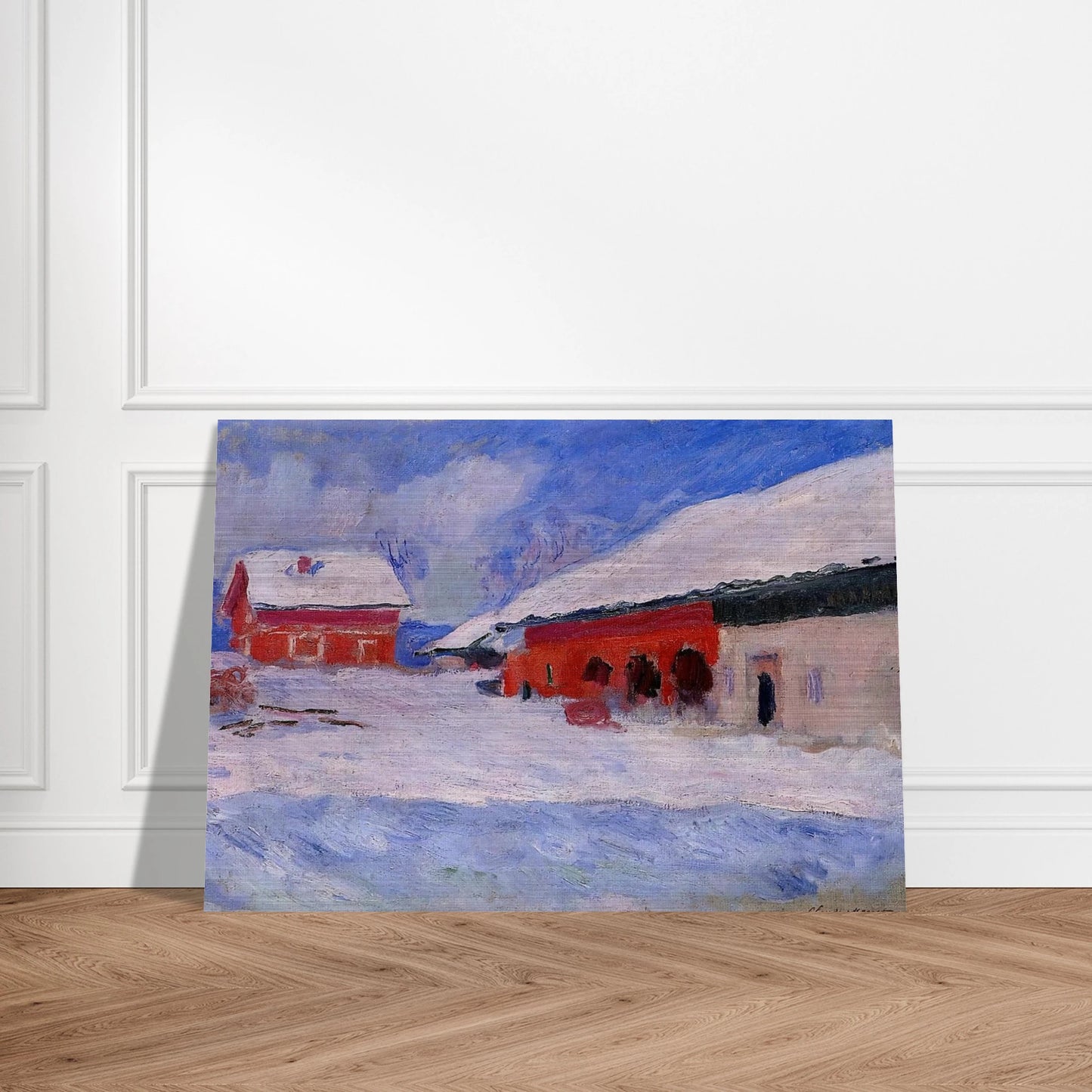 Red Houses at Bjornegaard in the Snow, Norway - claude monet Brushed Aluminum Print - 70x100 cm / 28x40 inches | claude monet Aluminum Print | claude monet Prints
