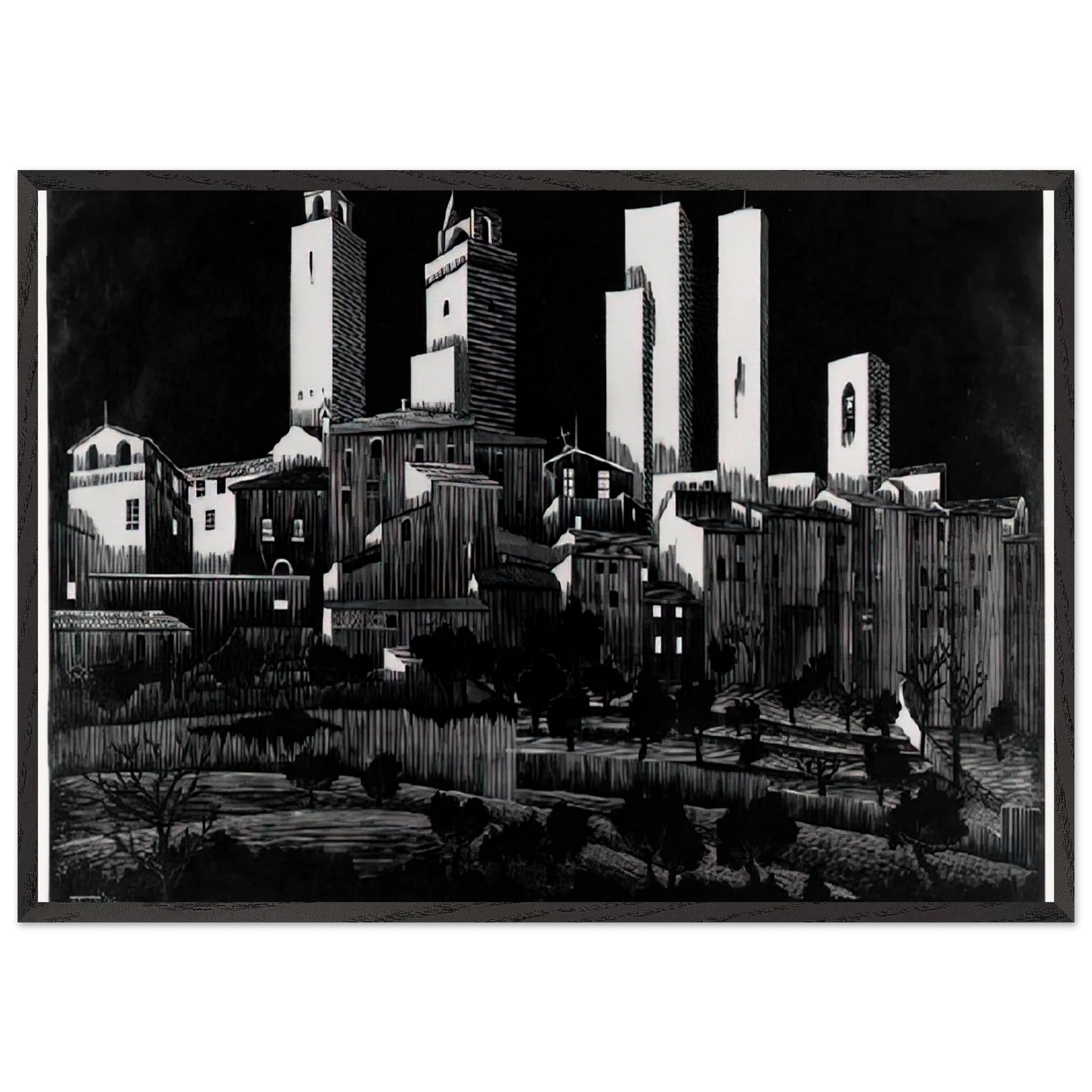 SAN GIMIGNANO - MC Escher 70x100 cm / 28x40 inches Framed Art Print – Black Wooden Frame | Maurits Cornelis Escher Prints