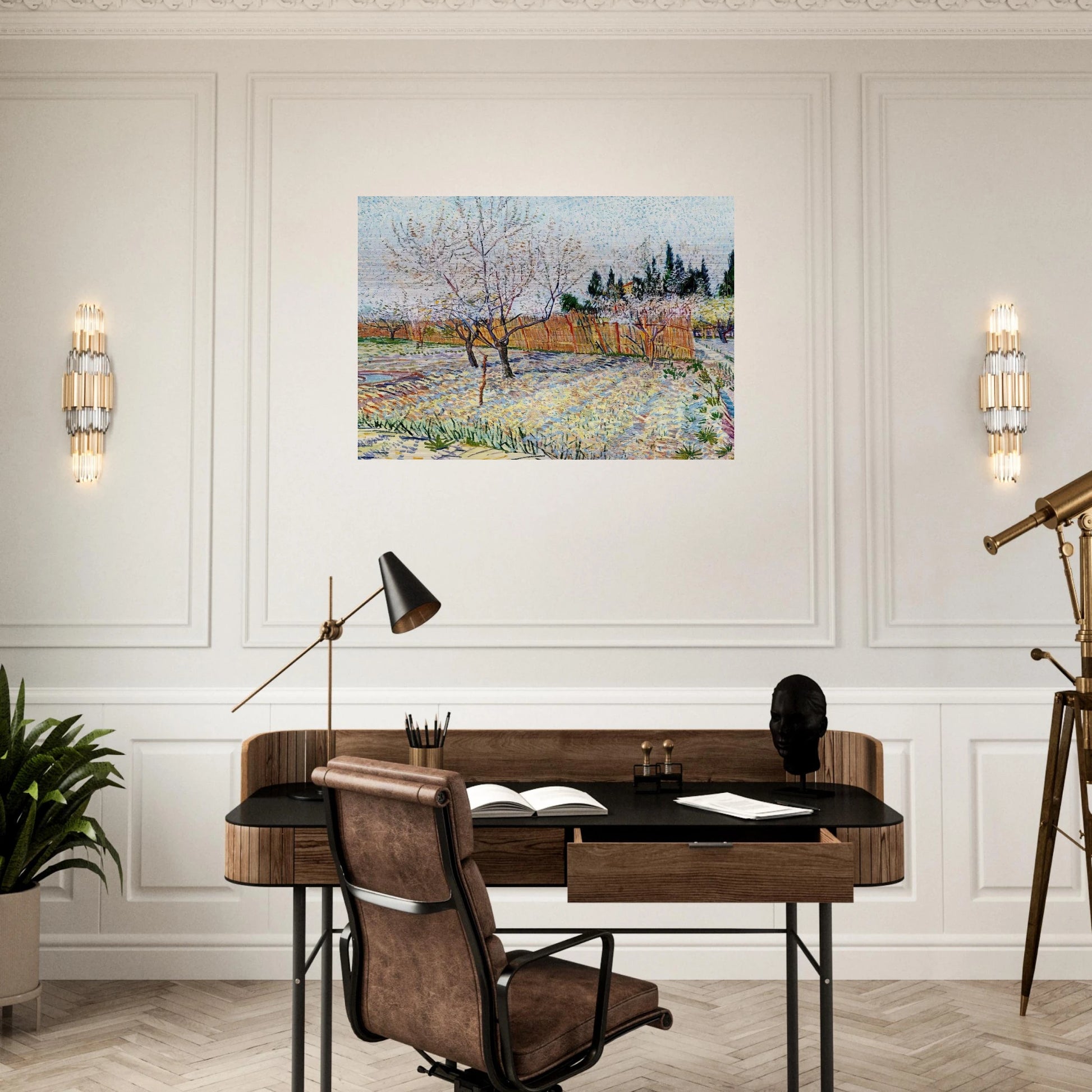 Orchard with Peach Trees in Blossom - Vincent van Gogh Brushed Aluminum Print - 70x100 cm / 28x40 inches | Vincent van Gogh Aluminum Print | Vincent van Gogh Prints
