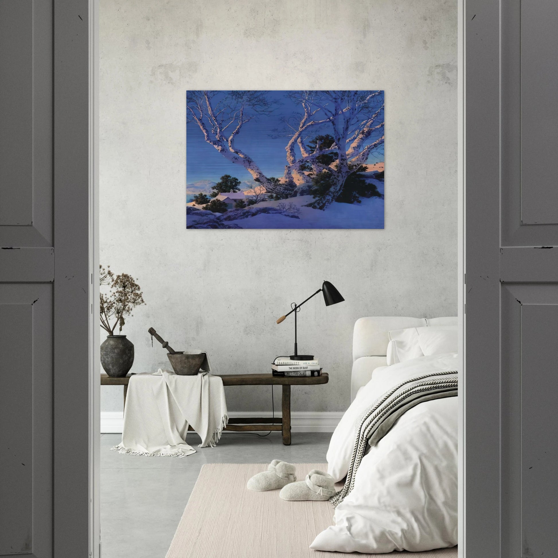 Birches in Winter - Maxfield Parrish Brushed Aluminum Print - 70x100 cm / 28x40 inches | Maxfield Parrish Aluminum Print | Maxfield Parrish Prints
