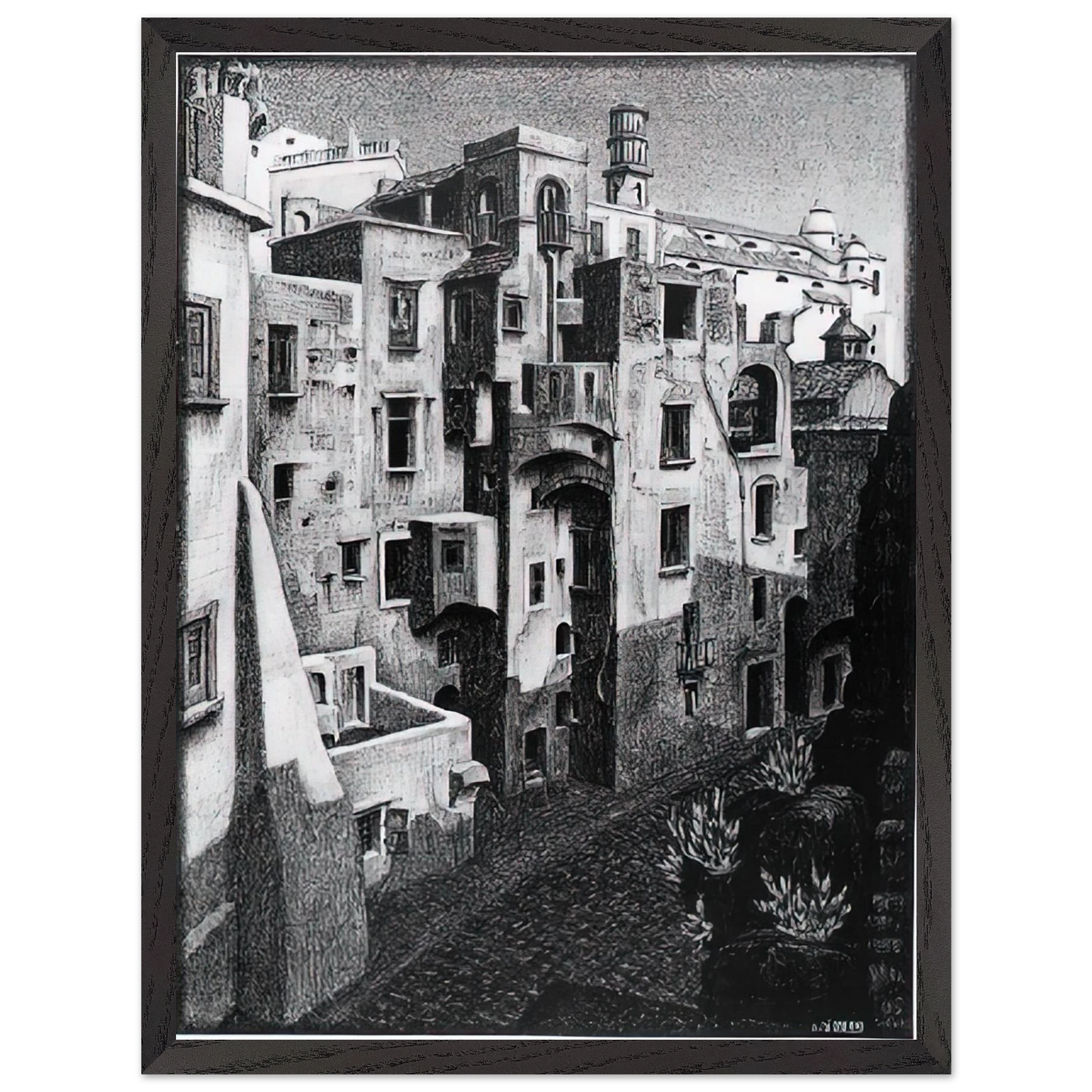 MC Escher - DILAPIDATED HOUSES IN ATRANI 1931 Wall Art - 30x40 cm / 12x16 inches - Premium Wooden Framed Poster With Fine Art Paper-canvas - Wood frame