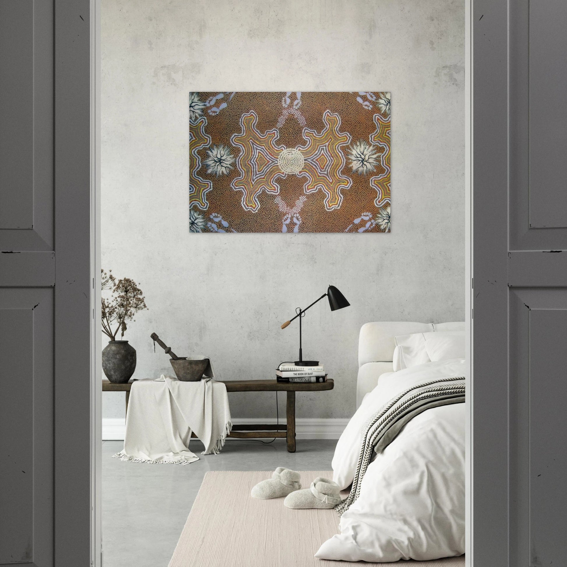 Men's Dreaming - 1994 - Clifford Possum Tjapaltjarri Brushed Aluminum Print - 70x100 cm / 28x40 inches | Clifford Possum Tjapaltjarri Aluminum Print | Clifford Possum Tjapaltjarri Prints