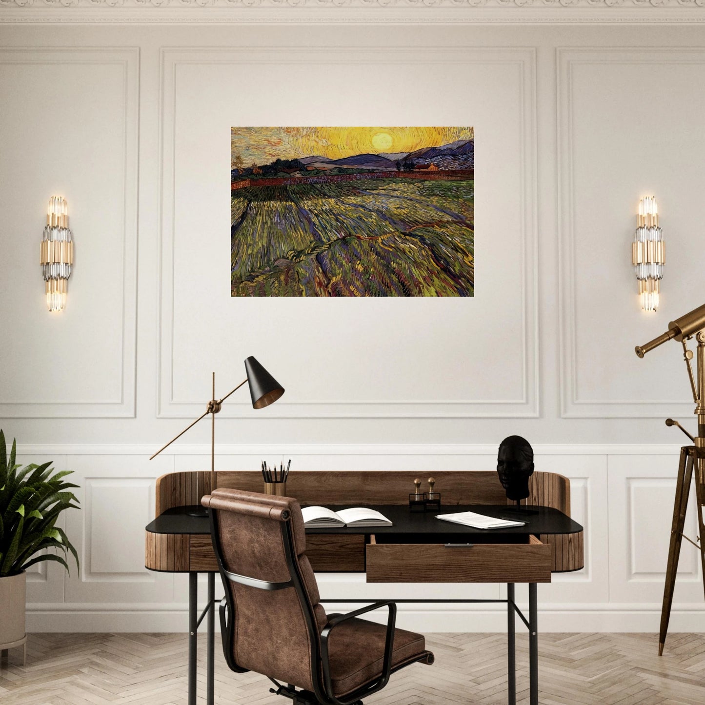 Wheat Field with Rising Sun - Vincent van Gogh Brushed Aluminum Print - 70x100 cm / 28x40 inches | Vincent van Gogh Aluminum Print | Vincent van Gogh Prints