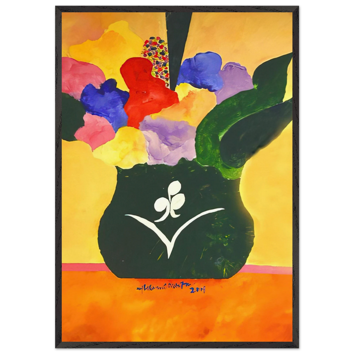 Green Vase With Flowers and Fruit - 2001 - Aldemir Martins 70x100 cm / 28x40 inches Framed Art Print – Black Wooden Frame
