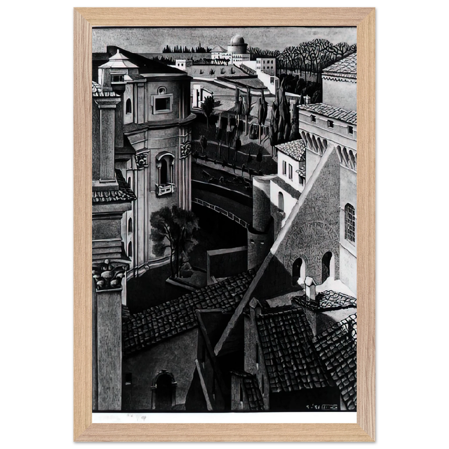 MC Escher - BERWEEN ST PETER AND SISTINE CHAPEL MARCH 1936 1936 Wall Art - 60x80 cm / 24x32 inches - Premium Wooden Framed Poster With Fine Art Paper-canvas - White frame