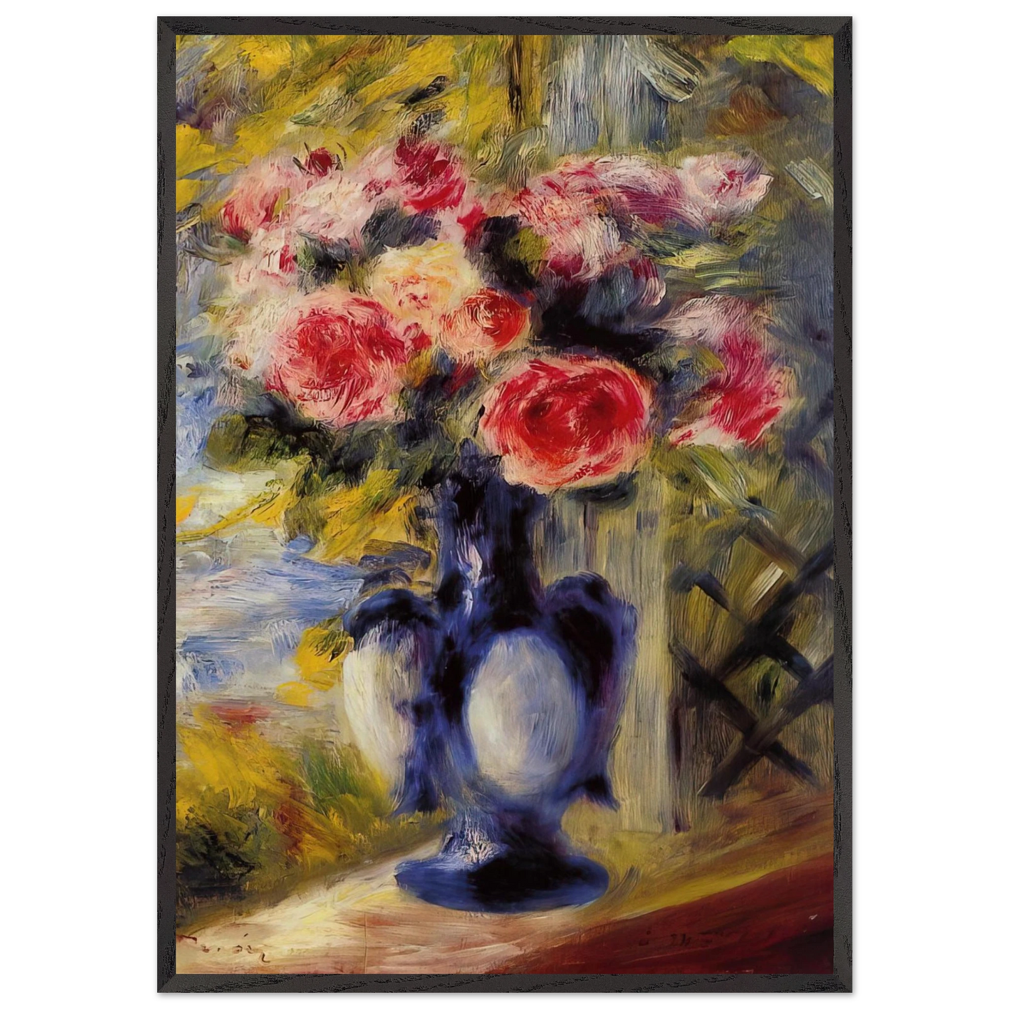 Bouquet of Roses in a Blue Vase - Pierre-Auguste Renoir 70x100 cm / 28x40 inches Framed Art Print – Black Wooden Frame