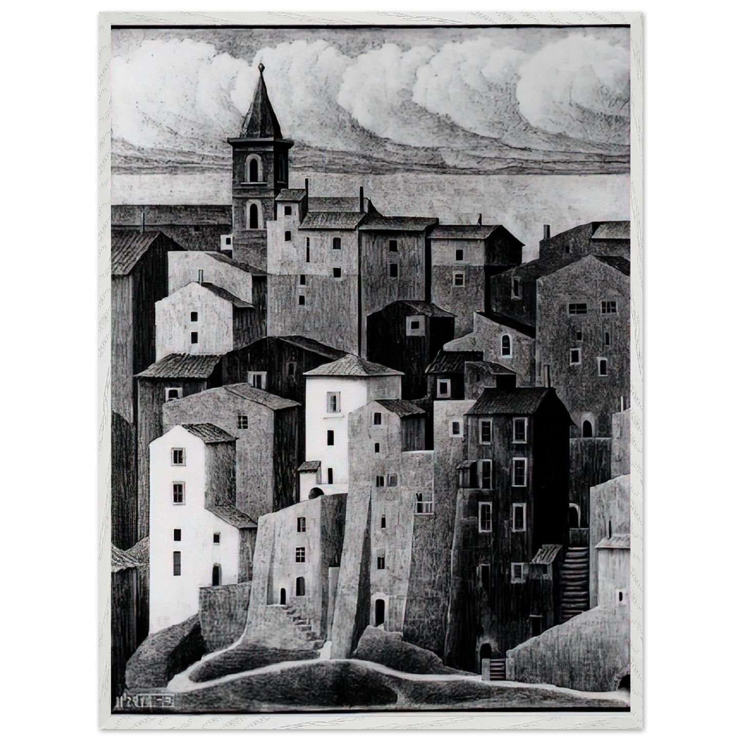 MC Escher - GENAZZANO ABRUZZI NOVEMBER 1929 1929 Wall Art - 21x29.7 cm / 8x12" - Premium Wooden Framed Poster With Fine Art Paper - Black frame