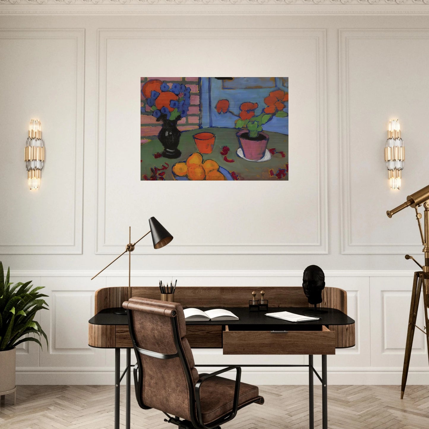 STILL LIFE WITH FLOWERS AND ORANGES 1909 - Alexej von Jawlensky Brushed Aluminum Print - 70x100 cm / 28x40 inches | Alexej von Jawlensky Aluminum Print | Alexej von Jawlensky Prints