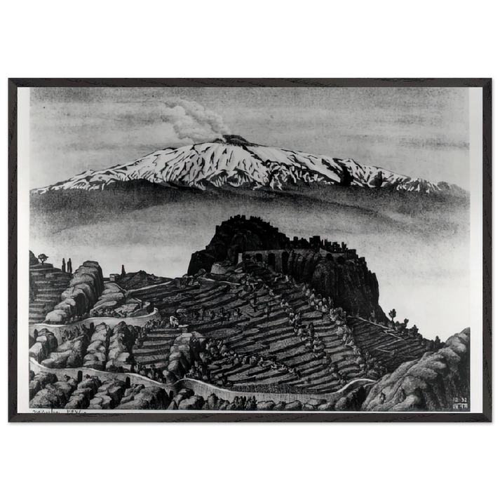 CASTEL MOLA AND MOUNT ETNA SICILY DECEMBER 1932 1932 - MC Escher 70x100 cm / 28x40 inches Framed Art Print – Black Wooden Frame | Maurits Cornelis Escher Prints