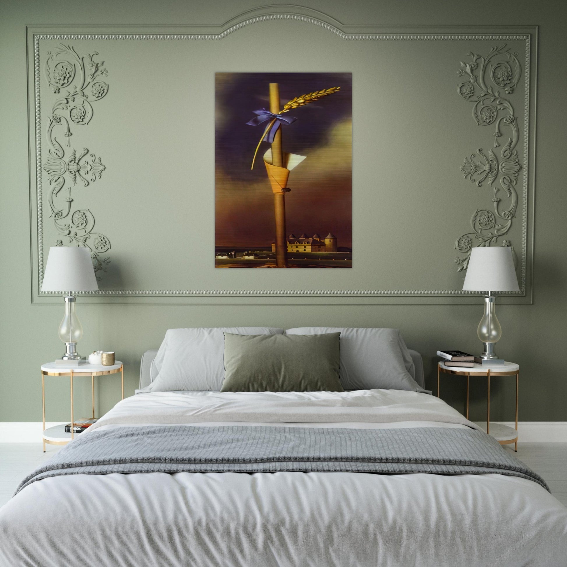 BLUE KNOT AND EAR OF WHEAT NEXT TO THE CASTLE - Salvador Dali Brushed Aluminum Print - 70x100 cm / 28x40 inches | Salvador Dali Aluminum Print | Salvador Dali Prints